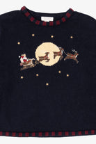 Vintage Navy Blue Christopher & Banks Santa Flying in Sleigh Ugly Christmas Pullover (1990s)