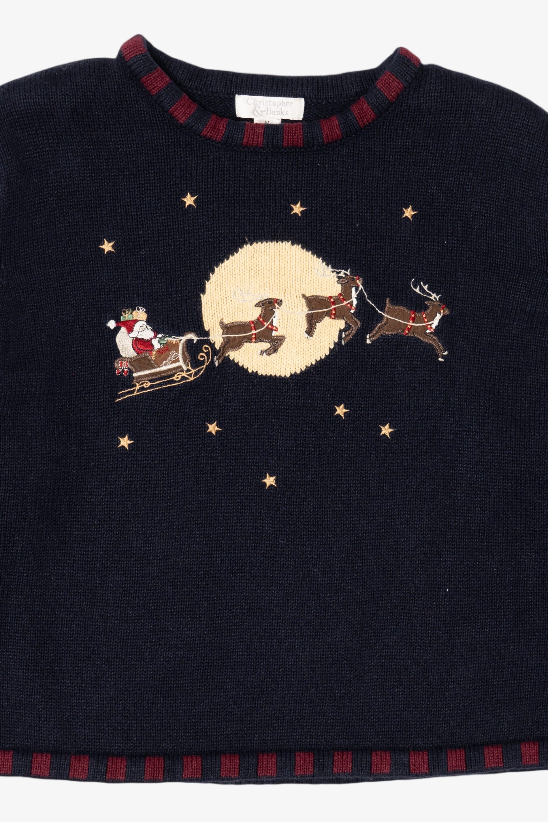 Vintage Navy Blue Christopher & Banks Santa Flying in Sleigh Ugly Christmas Pullover (1990s)