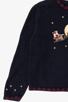 Vintage Navy Blue Christopher & Banks Santa Flying in Sleigh Ugly Christmas Pullover (1990s)