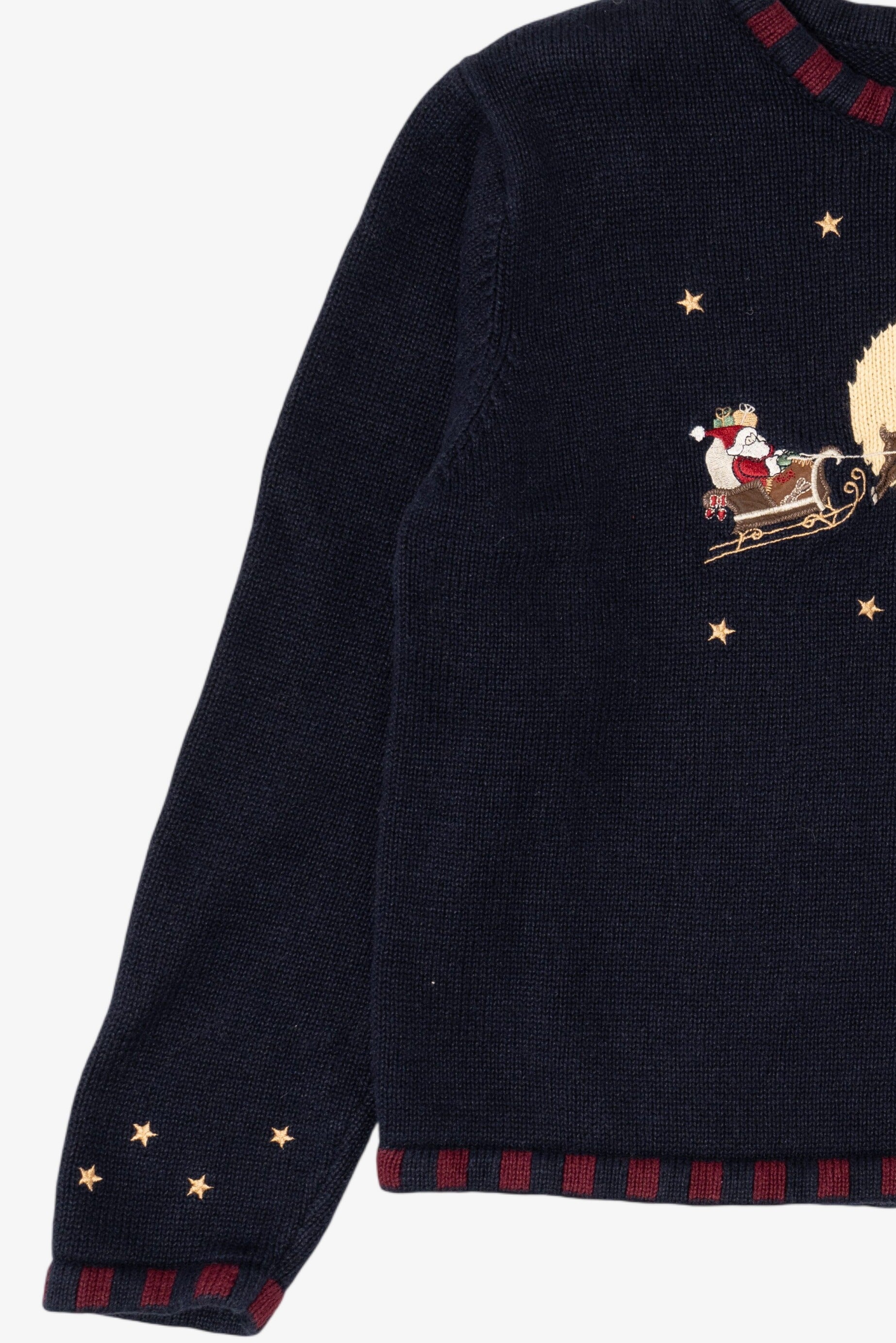 Vintage Navy Blue Christopher & Banks Santa Flying in Sleigh Ugly Christmas Pullover (1990s)