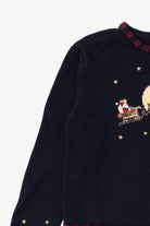 Vintage Navy Blue Christopher & Banks Santa Flying in Sleigh Ugly Christmas Pullover (1990s)