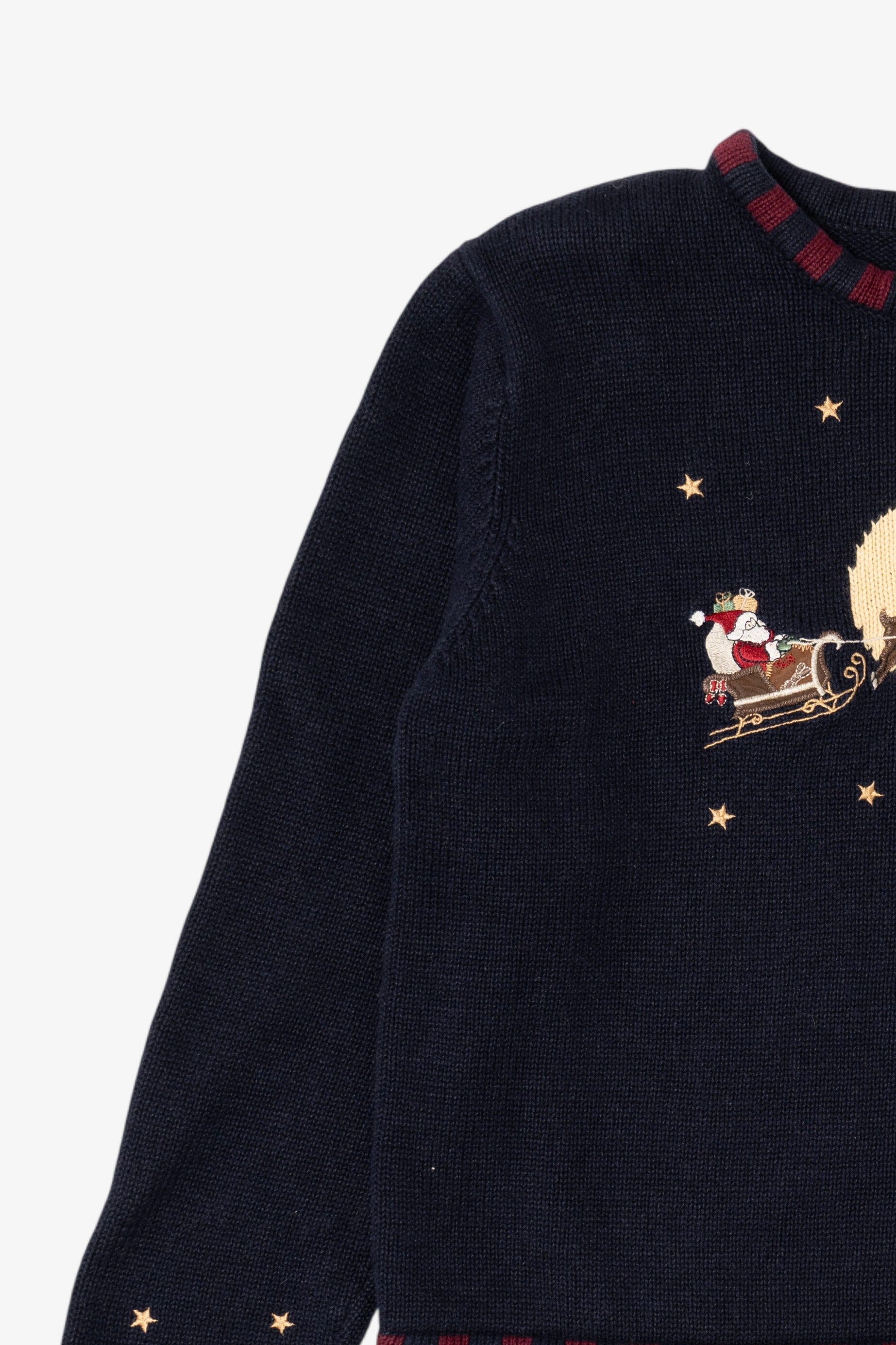 Vintage Navy Blue Christopher & Banks Santa Flying in Sleigh Ugly Christmas Pullover (1990s)