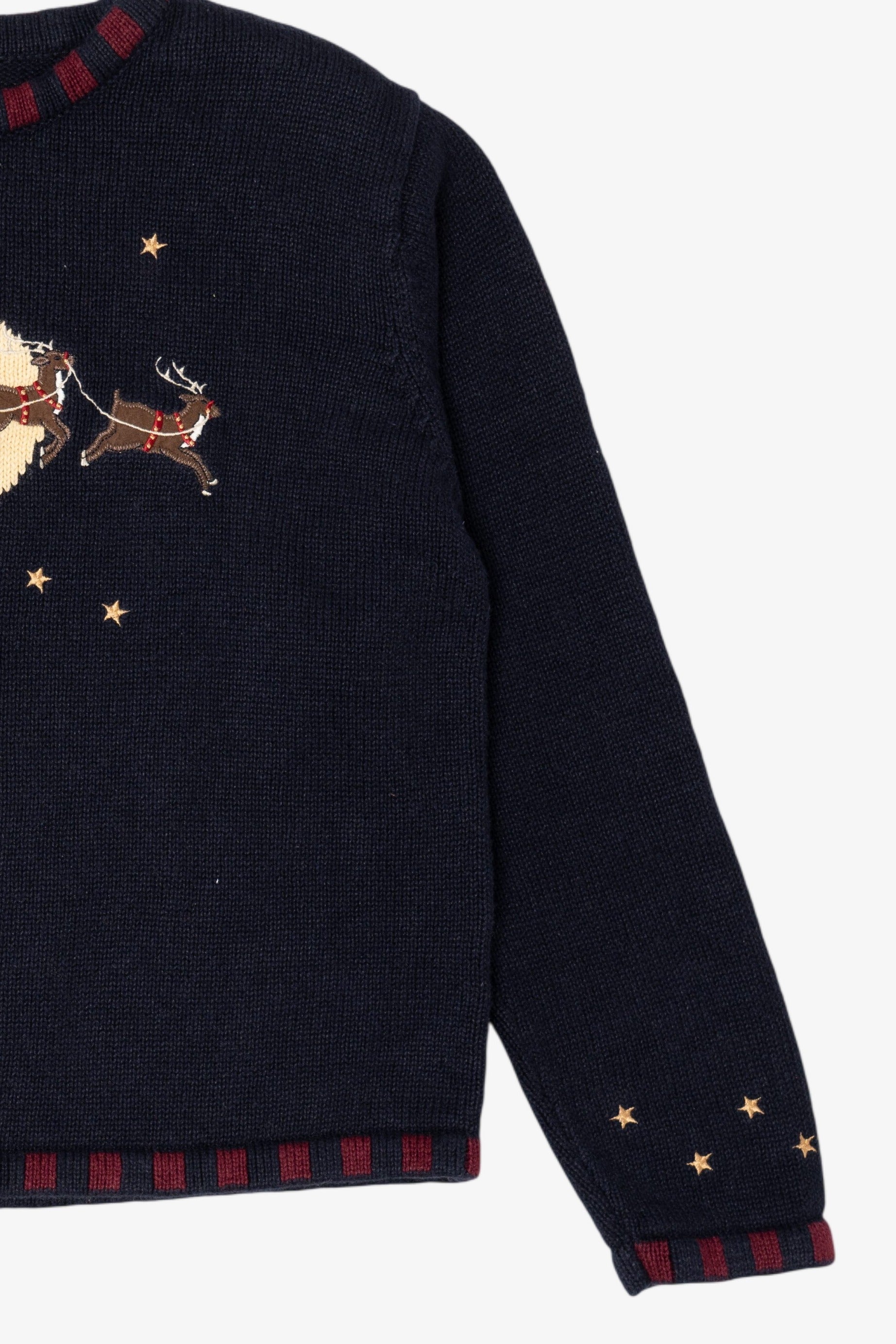 Vintage Navy Blue Christopher & Banks Santa Flying in Sleigh Ugly Christmas Pullover (1990s)