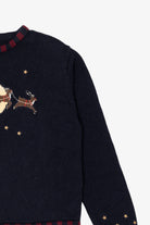 Vintage Navy Blue Christopher & Banks Santa Flying in Sleigh Ugly Christmas Pullover (1990s)