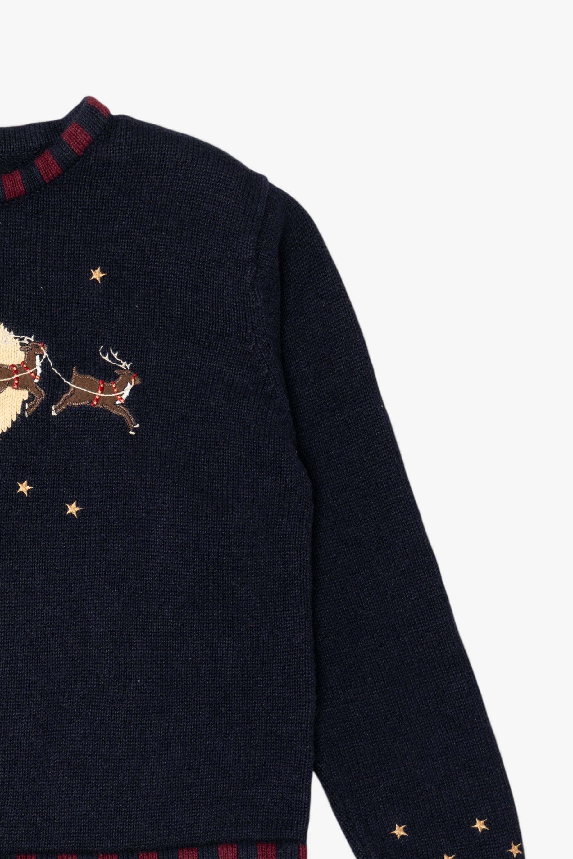 Vintage Navy Blue Christopher & Banks Santa Flying in Sleigh Ugly Christmas Pullover (1990s)