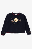 Vintage Navy Blue Christopher & Banks Santa Flying in Sleigh Ugly Christmas Pullover (1990s)