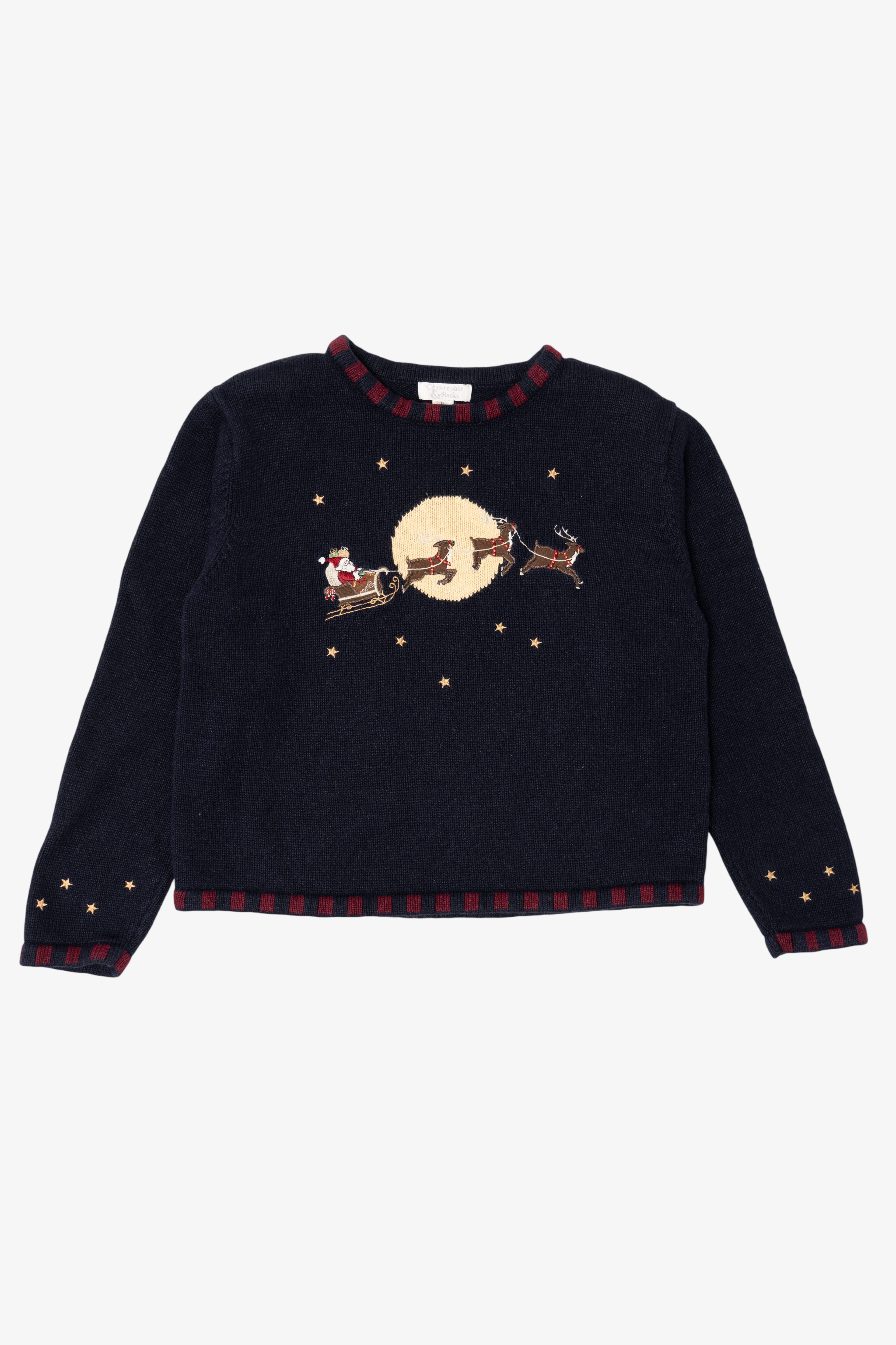 Vintage Navy Blue Christopher & Banks Santa Flying in Sleigh Ugly Christmas Pullover (1990s)