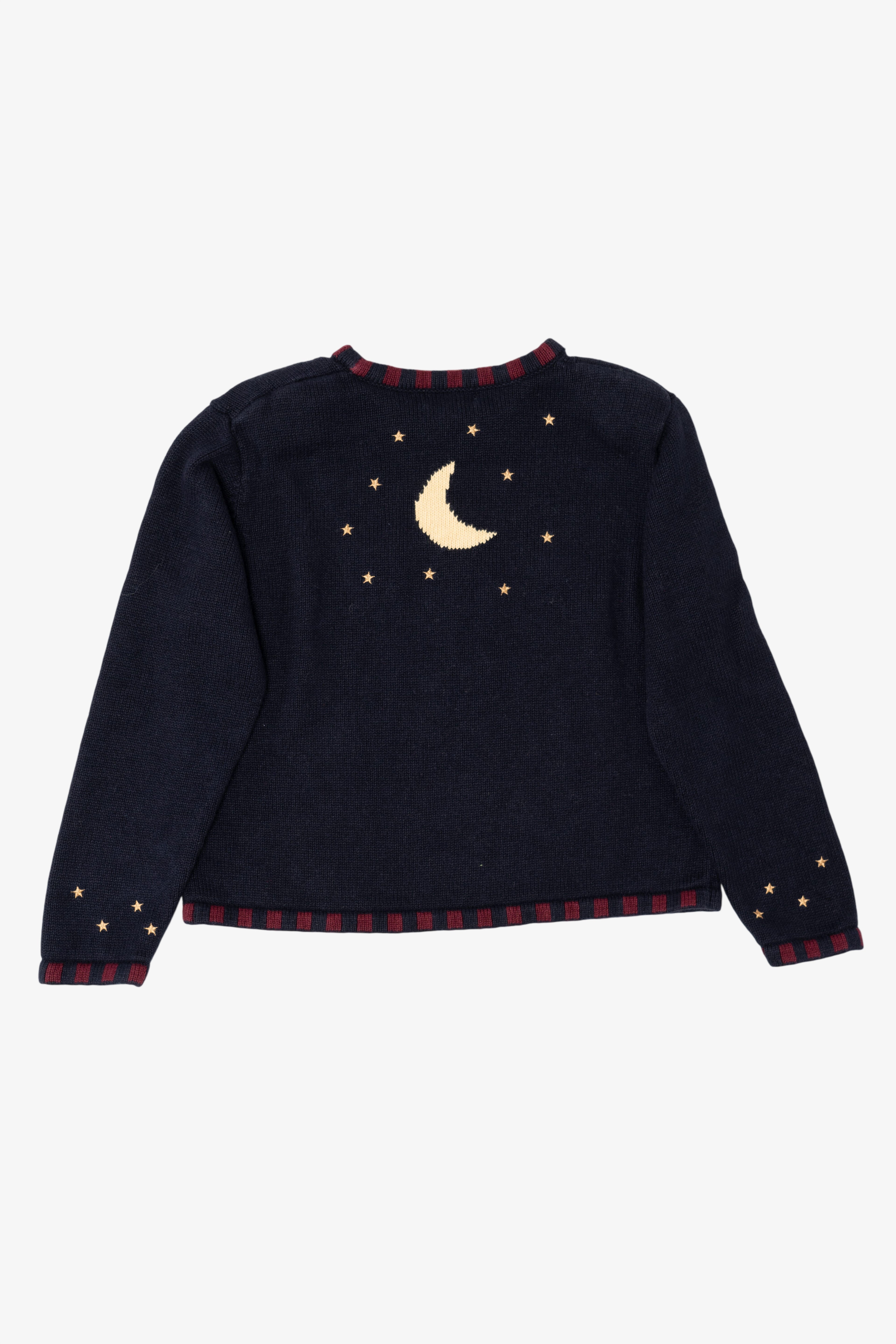 Vintage Navy Blue Christopher & Banks Santa Flying in Sleigh Ugly Christmas Pullover (1990s)