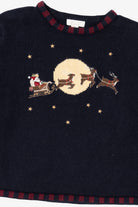 Vintage Navy Blue Christopher & Banks Santa Flying in Sleigh Ugly Christmas Pullover (1990s)