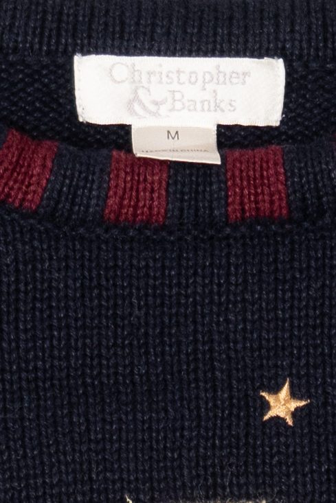 Vintage Navy Blue Christopher & Banks Santa Flying in Sleigh Ugly Christmas Pullover (1990s)