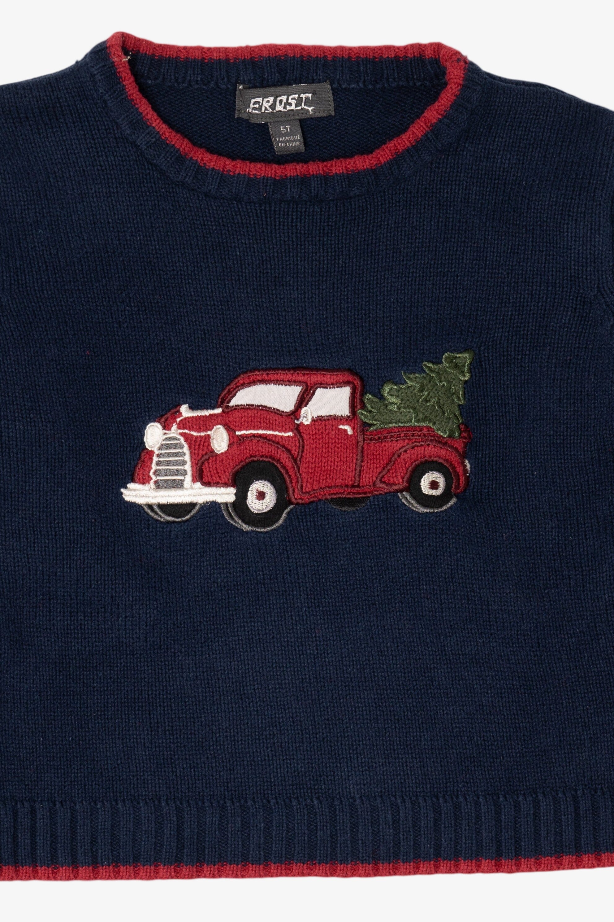 Vintage Kids Navy Blue Frost Truck With Xmas Tree Ugly Christmas Pullover (1990s)