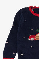 Vintage Kids Navy Blue Hartstrings Xmas Tree In Truck Ugly Christmas Pullover (1990s)