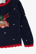 Vintage Kids Navy Blue Hartstrings Xmas Tree In Truck Ugly Christmas Pullover (1990s)