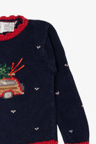 Vintage Kids Navy Blue Hartstrings Xmas Tree In Truck Ugly Christmas Pullover (1990s)
