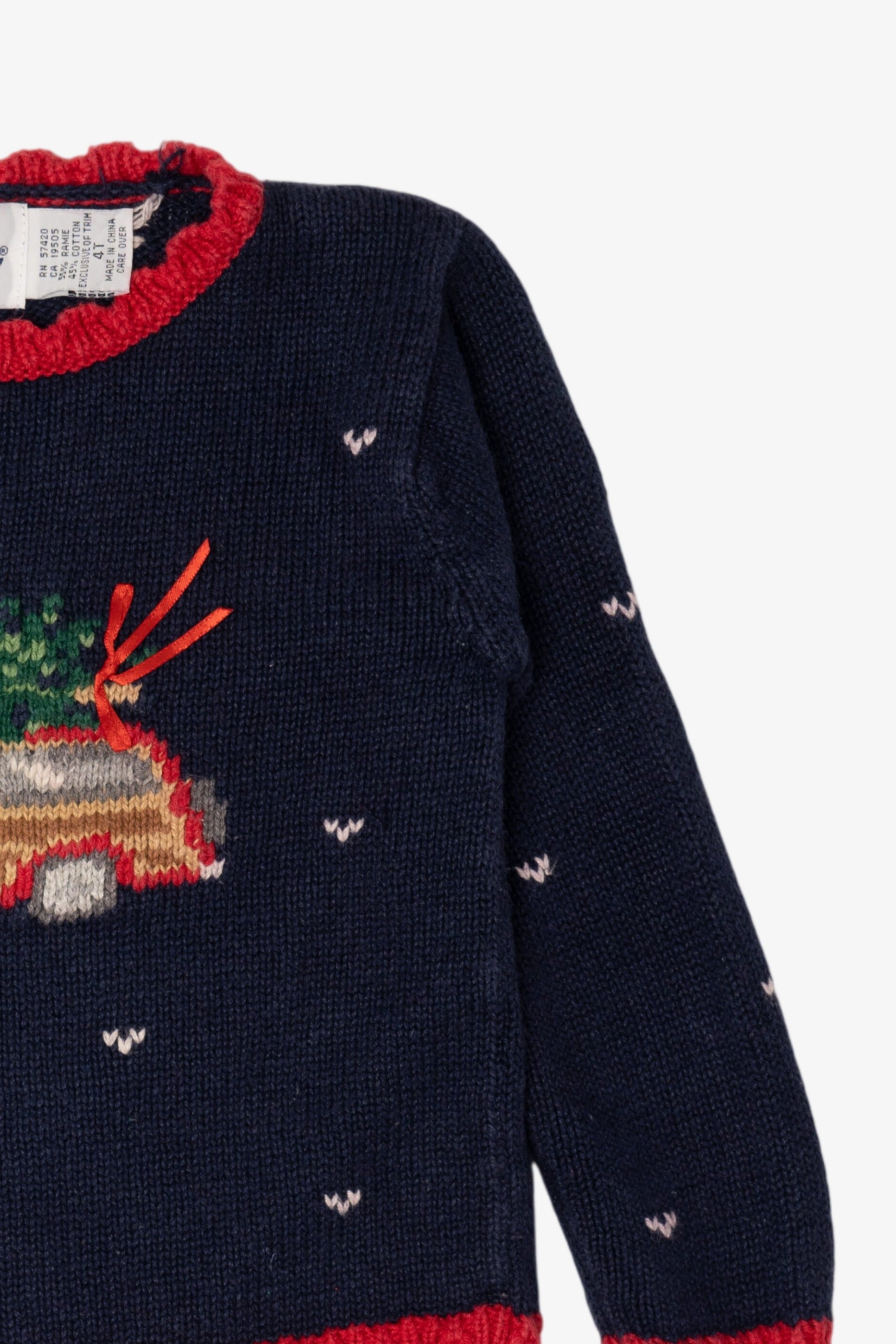 Vintage Kids Navy Blue Hartstrings Xmas Tree In Truck Ugly Christmas Pullover (1990s)