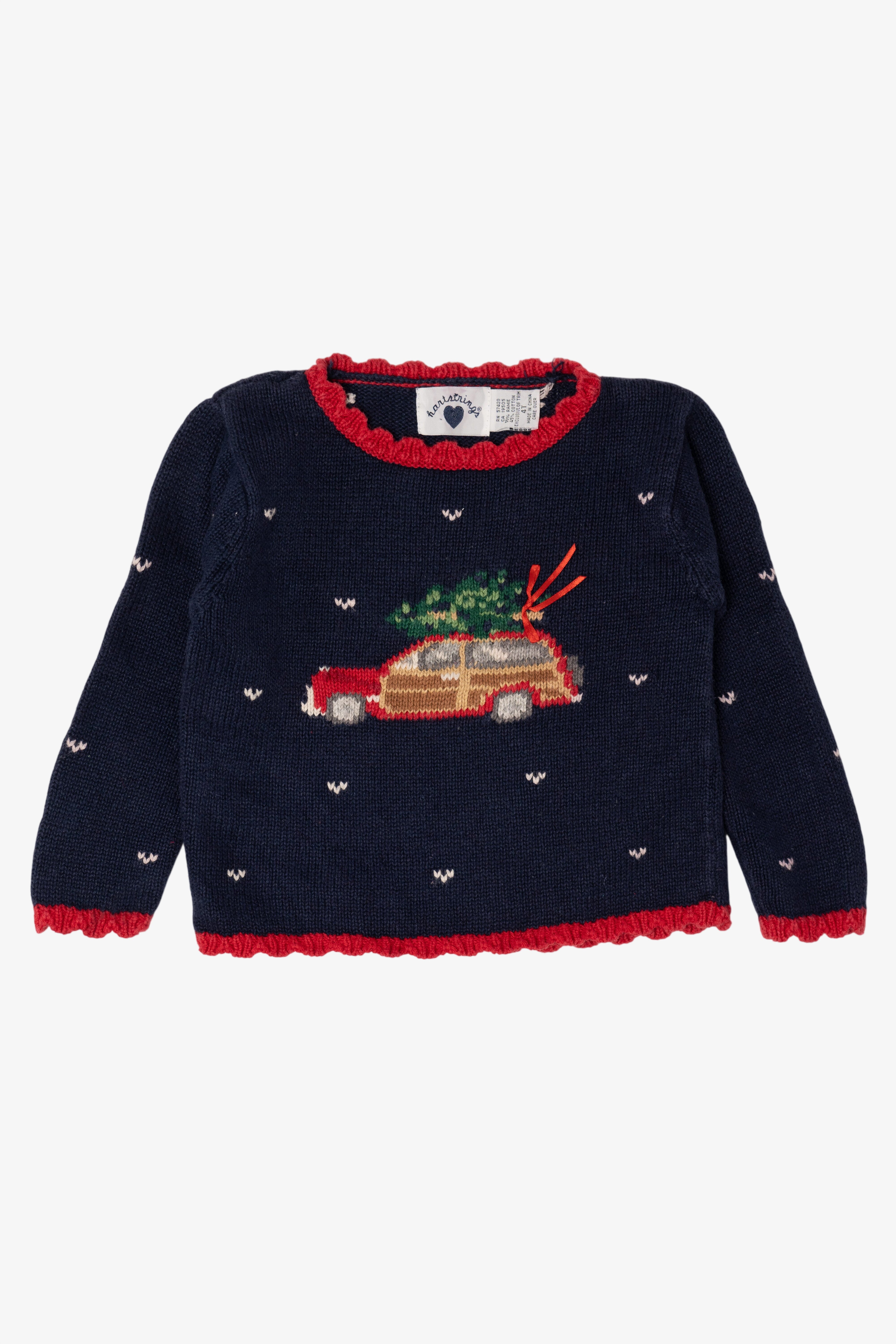 Vintage Kids Navy Blue Hartstrings Xmas Tree In Truck Ugly Christmas Pullover (1990s)