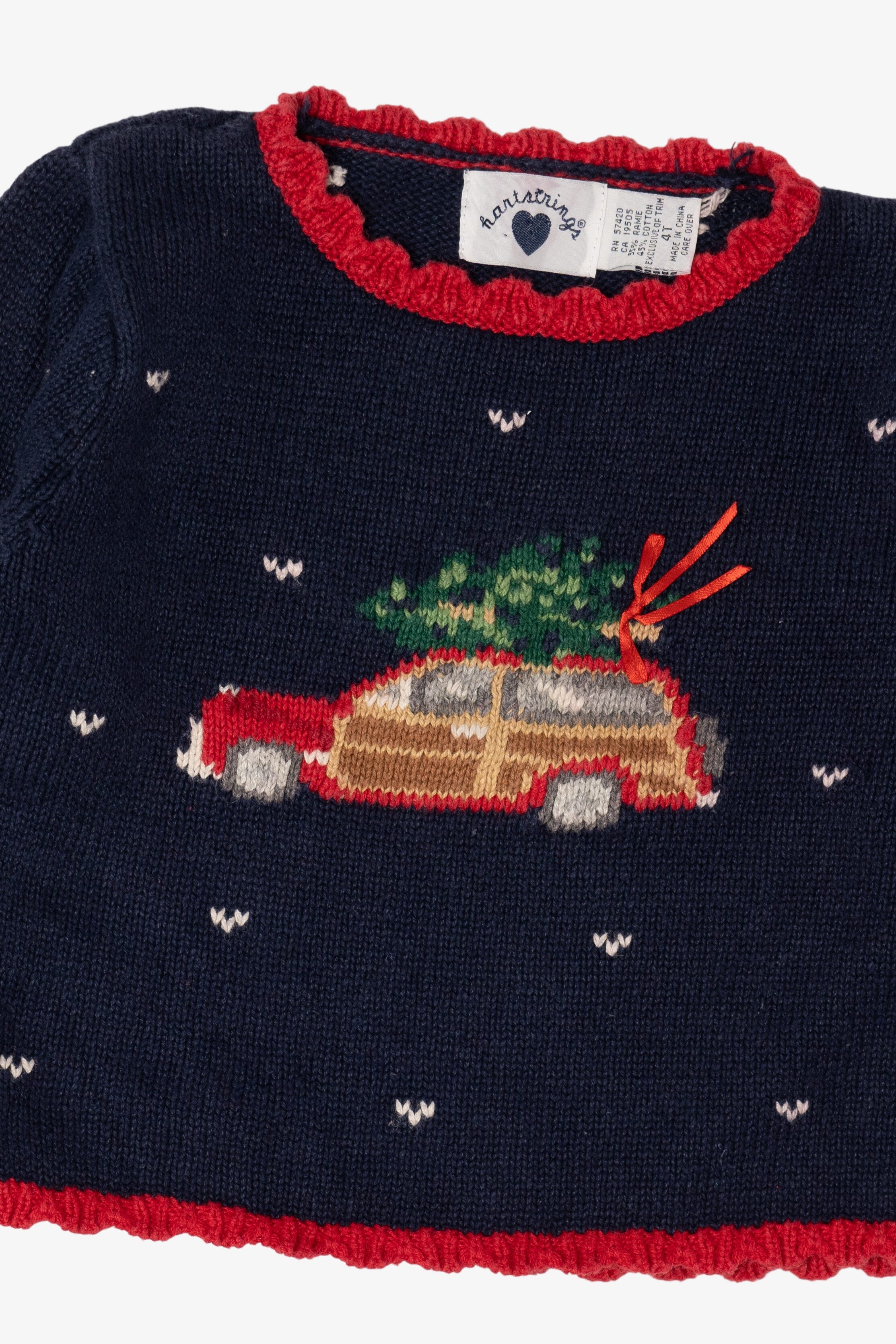 Vintage Kids Navy Blue Hartstrings Xmas Tree In Truck Ugly Christmas Pullover (1990s)