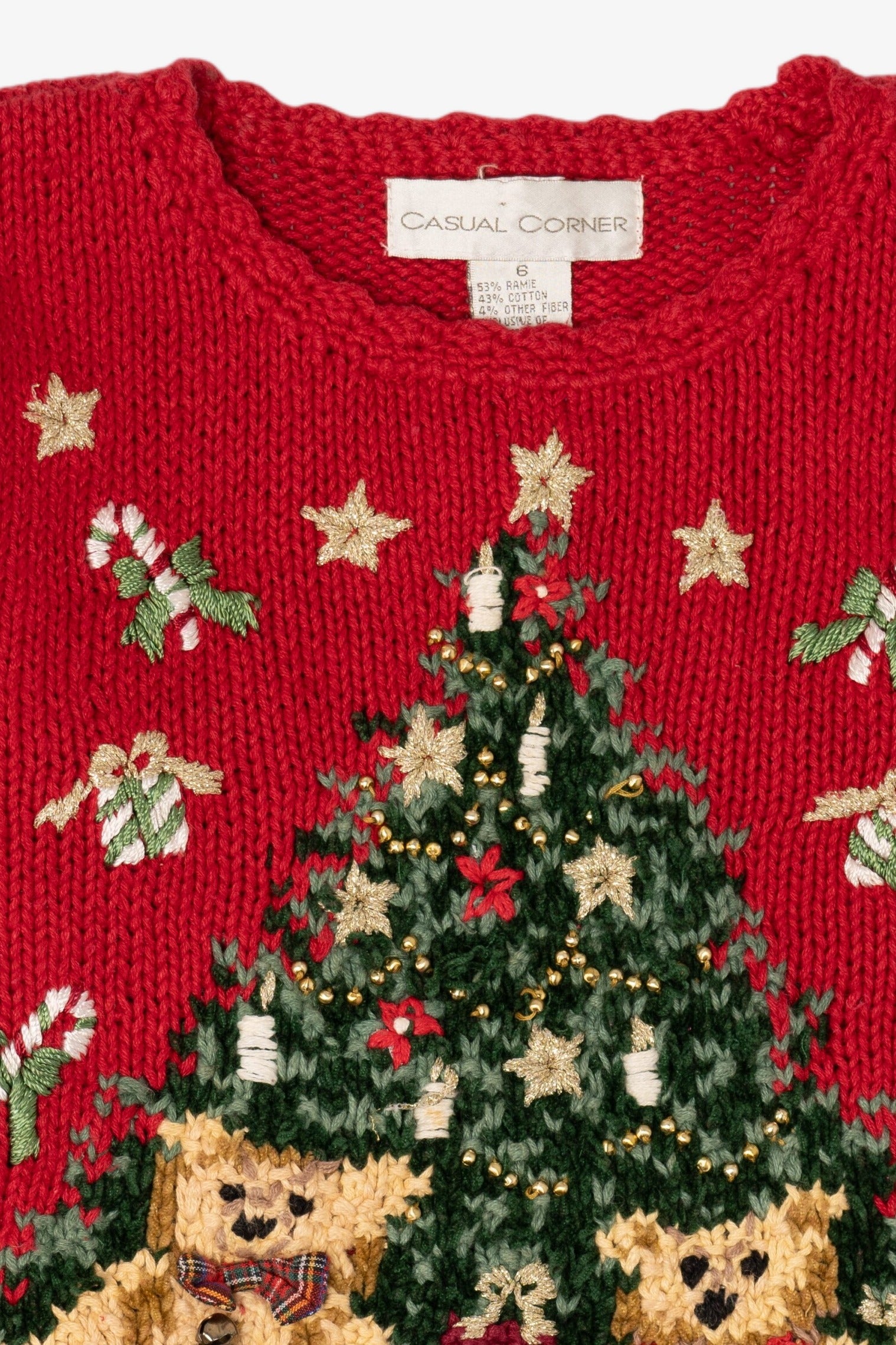 Vintage Kids Red Casual Corner Teddy Bears Under Tree Ugly Christmas Pullover (1990s)