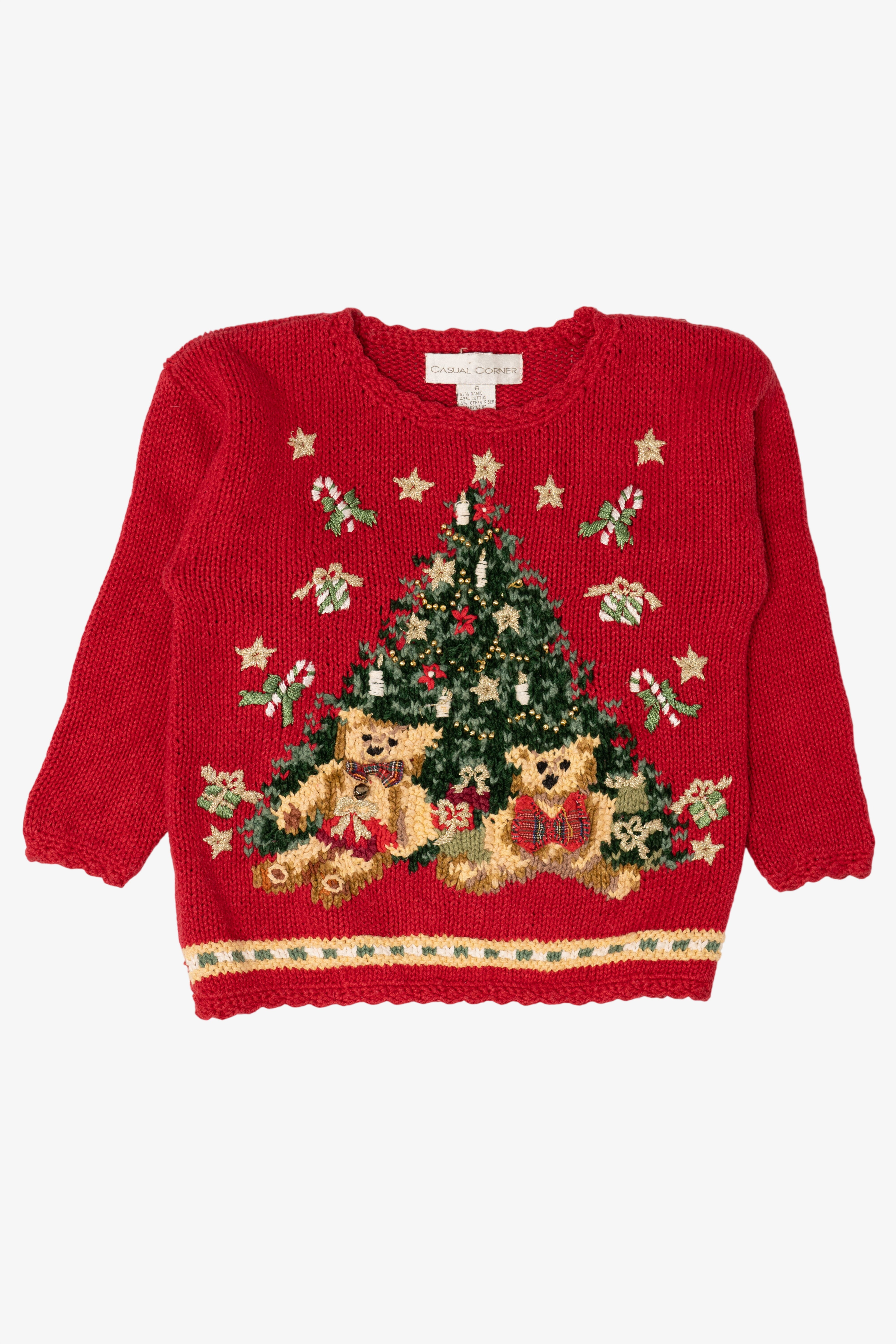 Vintage Kids Red Casual Corner Teddy Bears Under Tree Ugly Christmas Pullover (1990s)