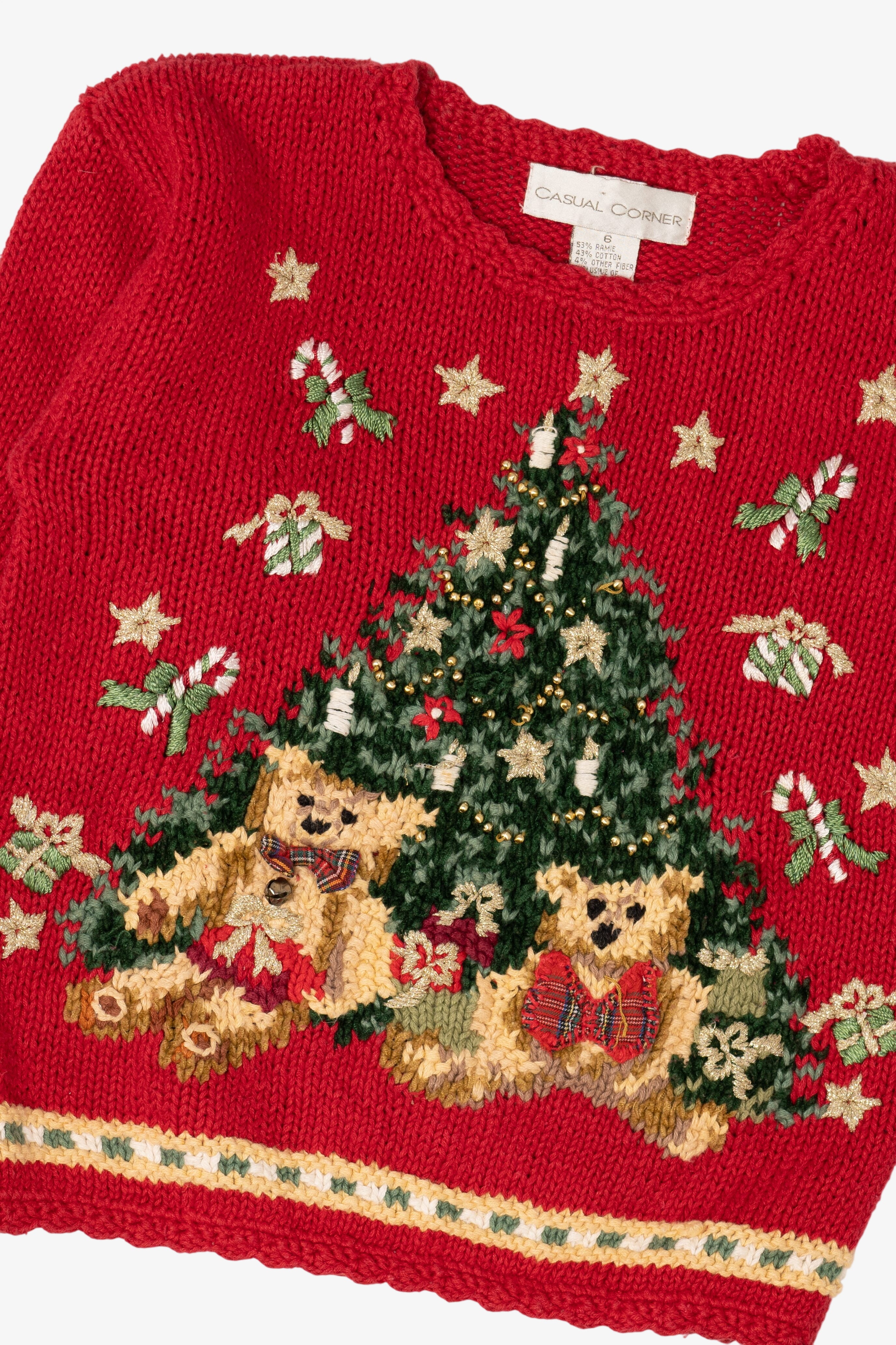 Vintage Kids Red Casual Corner Teddy Bears Under Tree Ugly Christmas Pullover (1990s)