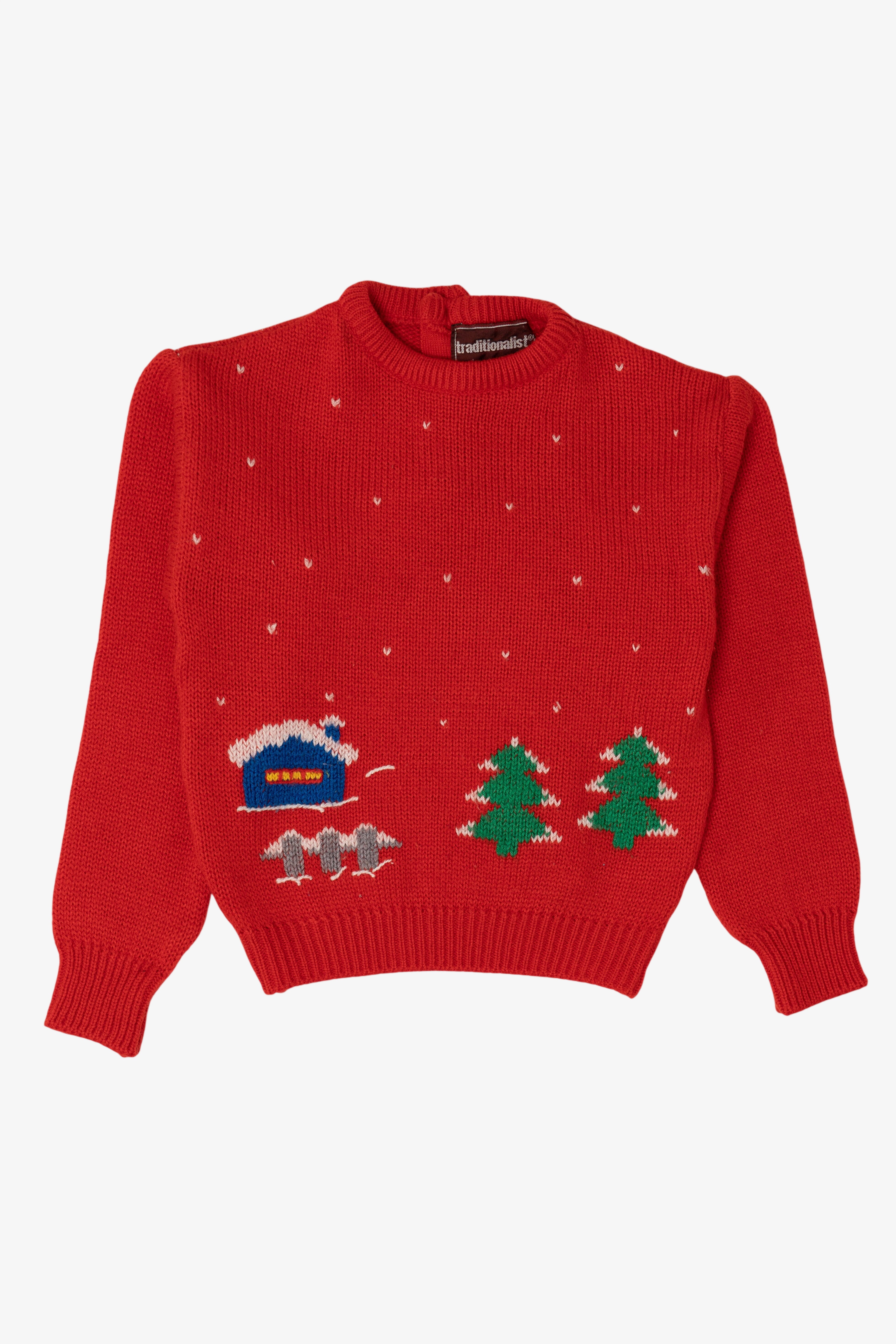 Vintage Kids Red Traditionalist Landscape Ugly Christmas Pullover (1990s)