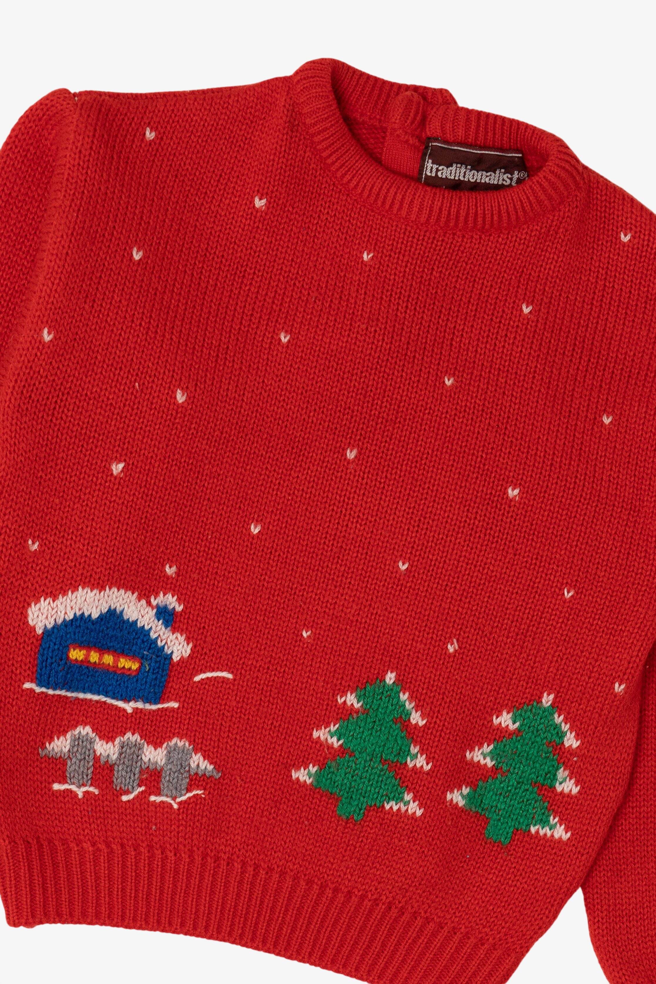 Vintage Kids Red Traditionalist Landscape Ugly Christmas Pullover (1990s)