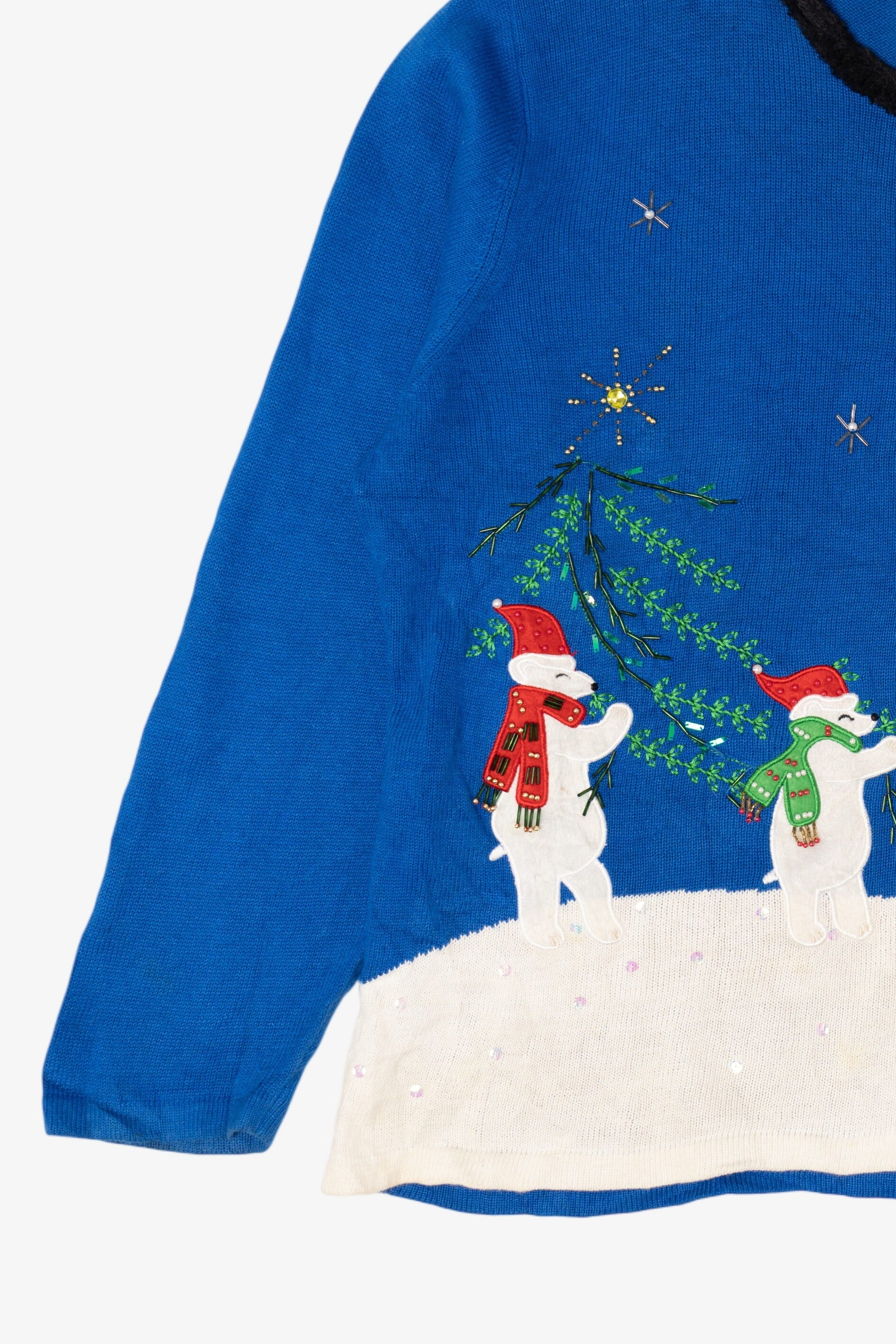 Vintage Blue Bobble Bell Polar Bears Ugly Christmas Pullover (2000s)