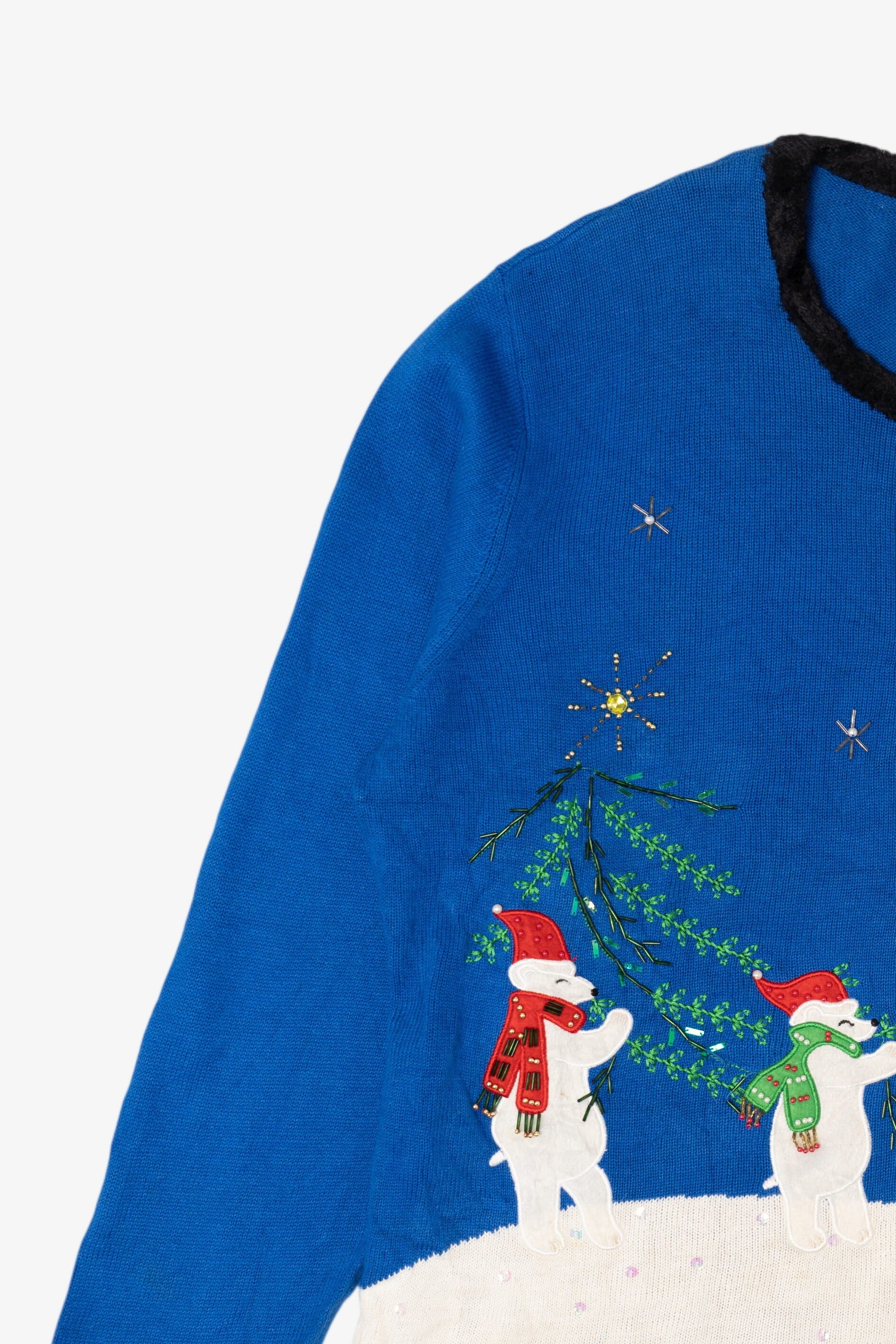 Vintage Blue Bobble Bell Polar Bears Ugly Christmas Pullover (2000s)