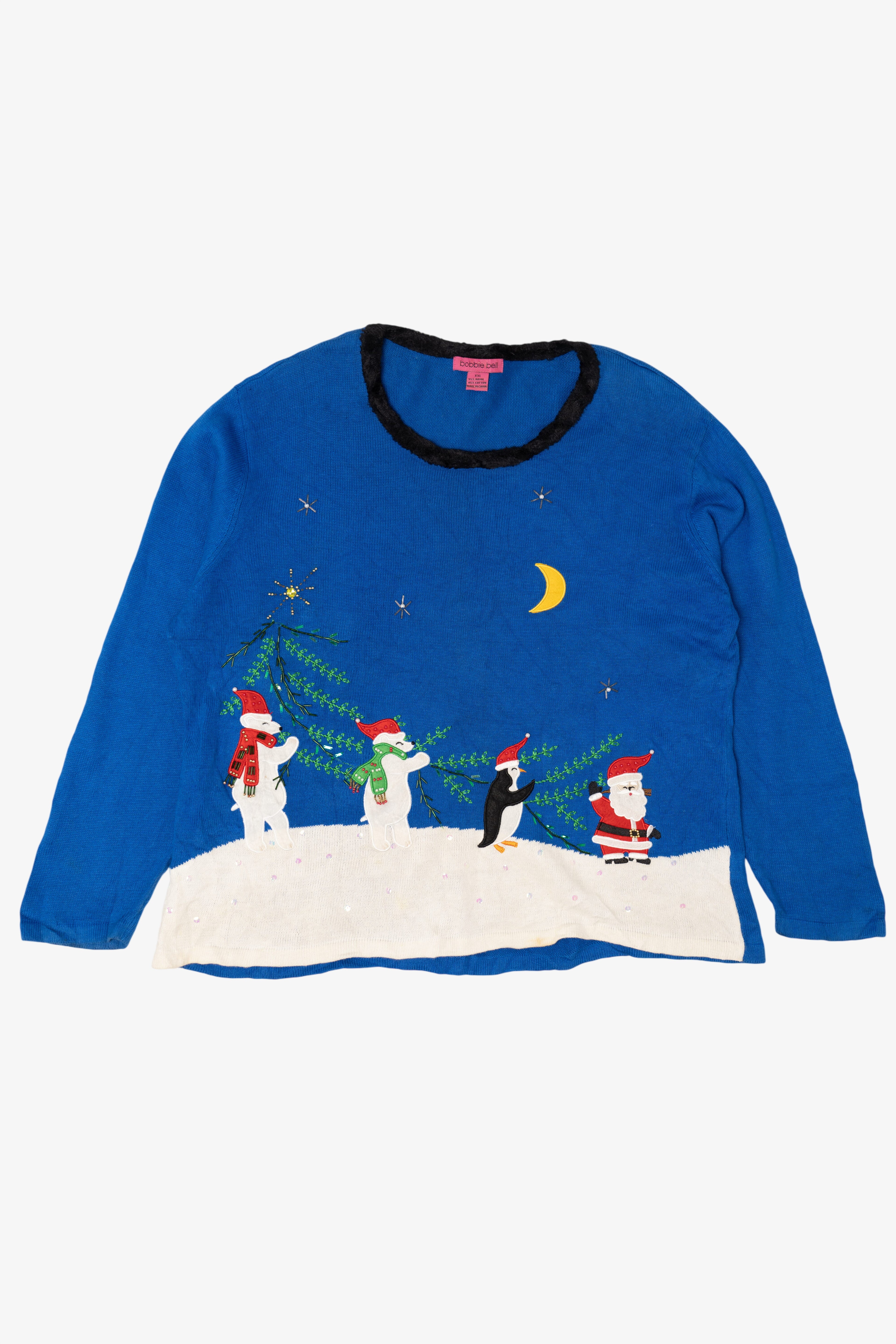 Vintage Blue Bobble Bell Polar Bears Ugly Christmas Pullover (2000s)