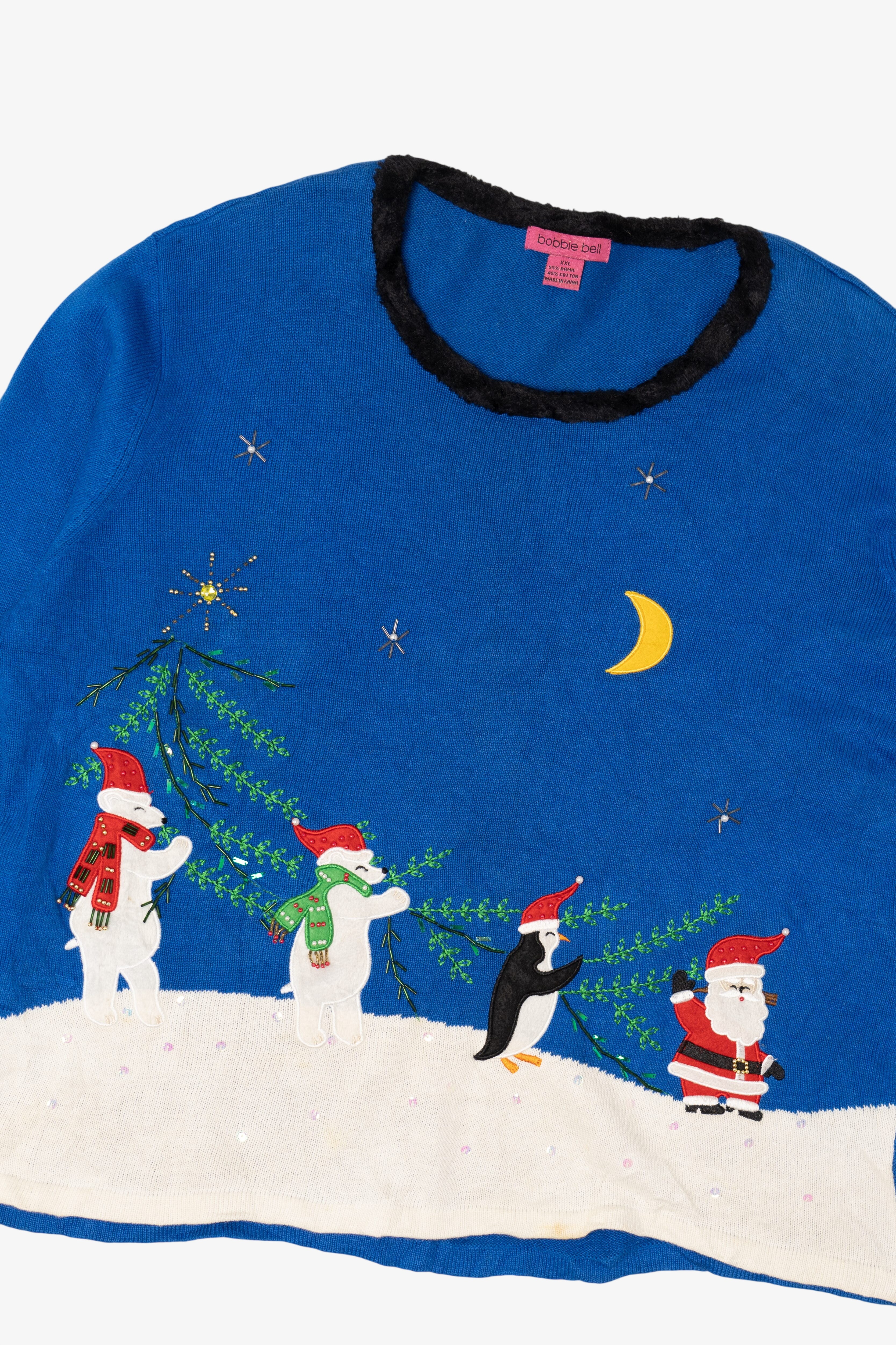 Vintage Blue Bobble Bell Polar Bears Ugly Christmas Pullover (2000s)
