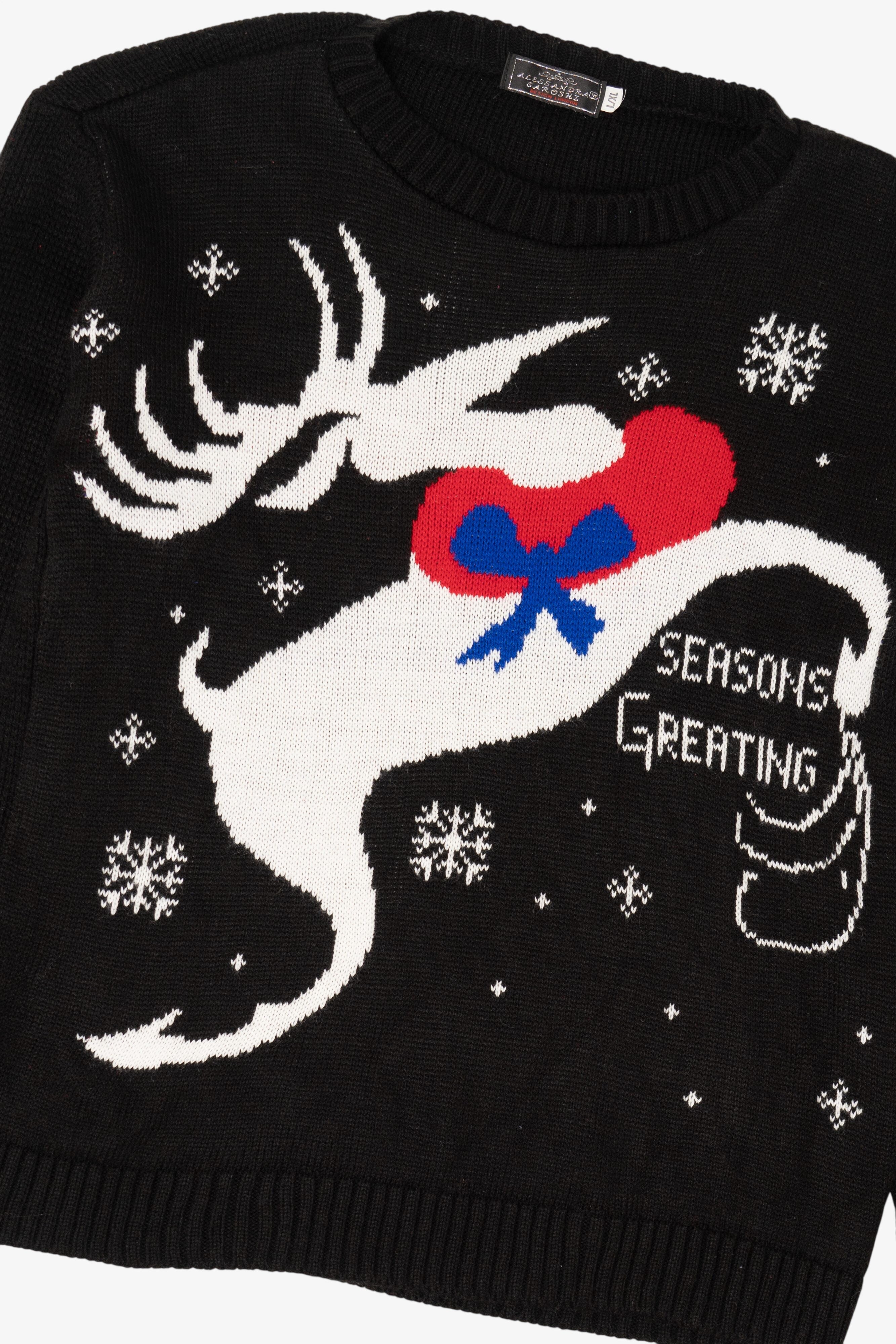 Black Alessandra Saroshe Reindeer "Seasons Greating" Ugly Christmas Pullover (2010s)