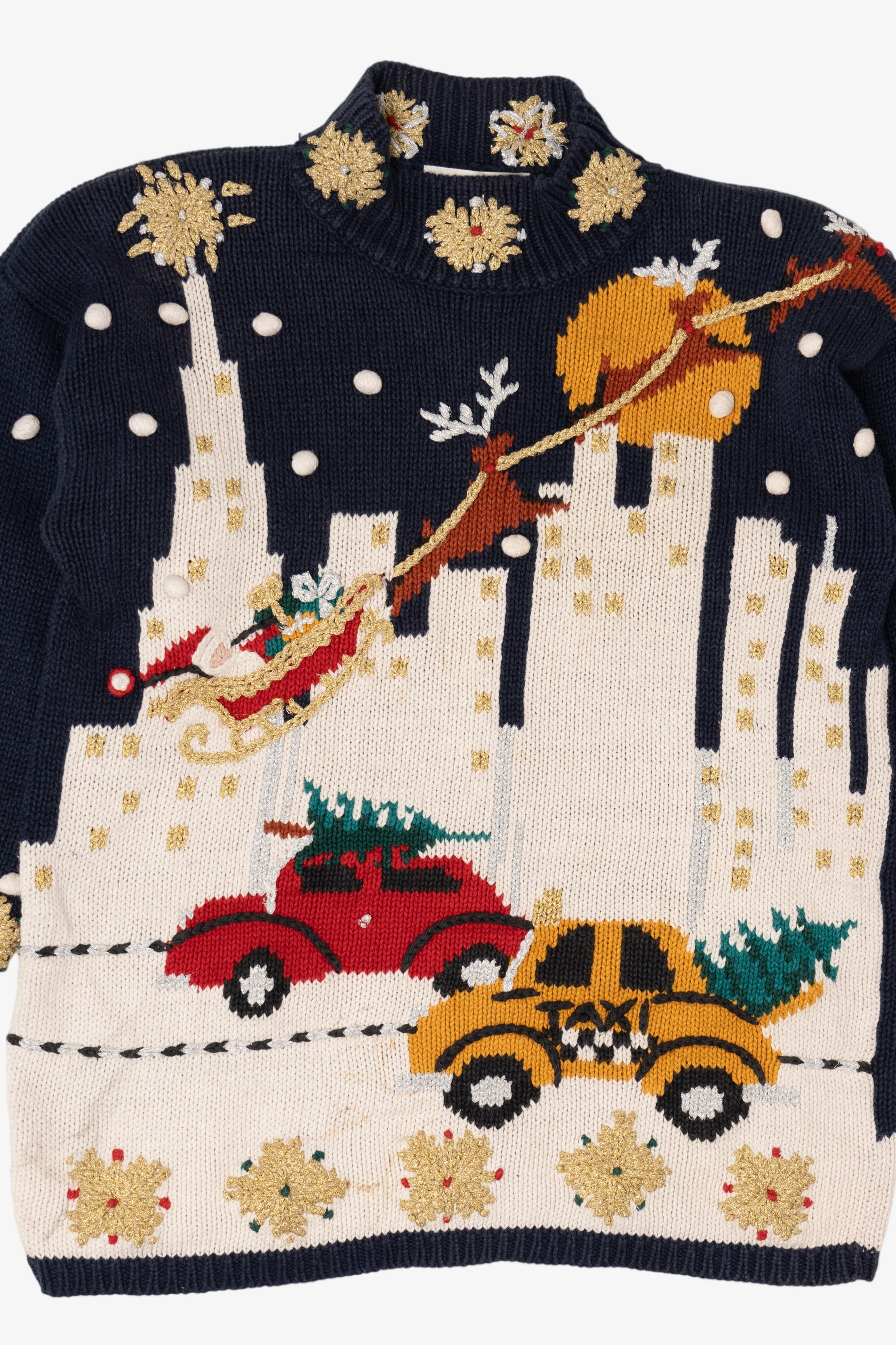 Vintage Navy Blue Cape Isle Knitters Santa In Sleigh Ugly Christmas Pullover (1990s)