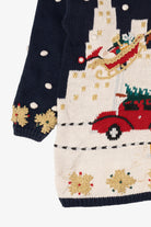Vintage Navy Blue Cape Isle Knitters Santa In Sleigh Ugly Christmas Pullover (1990s)