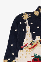 Vintage Navy Blue Cape Isle Knitters Santa In Sleigh Ugly Christmas Pullover (1990s)