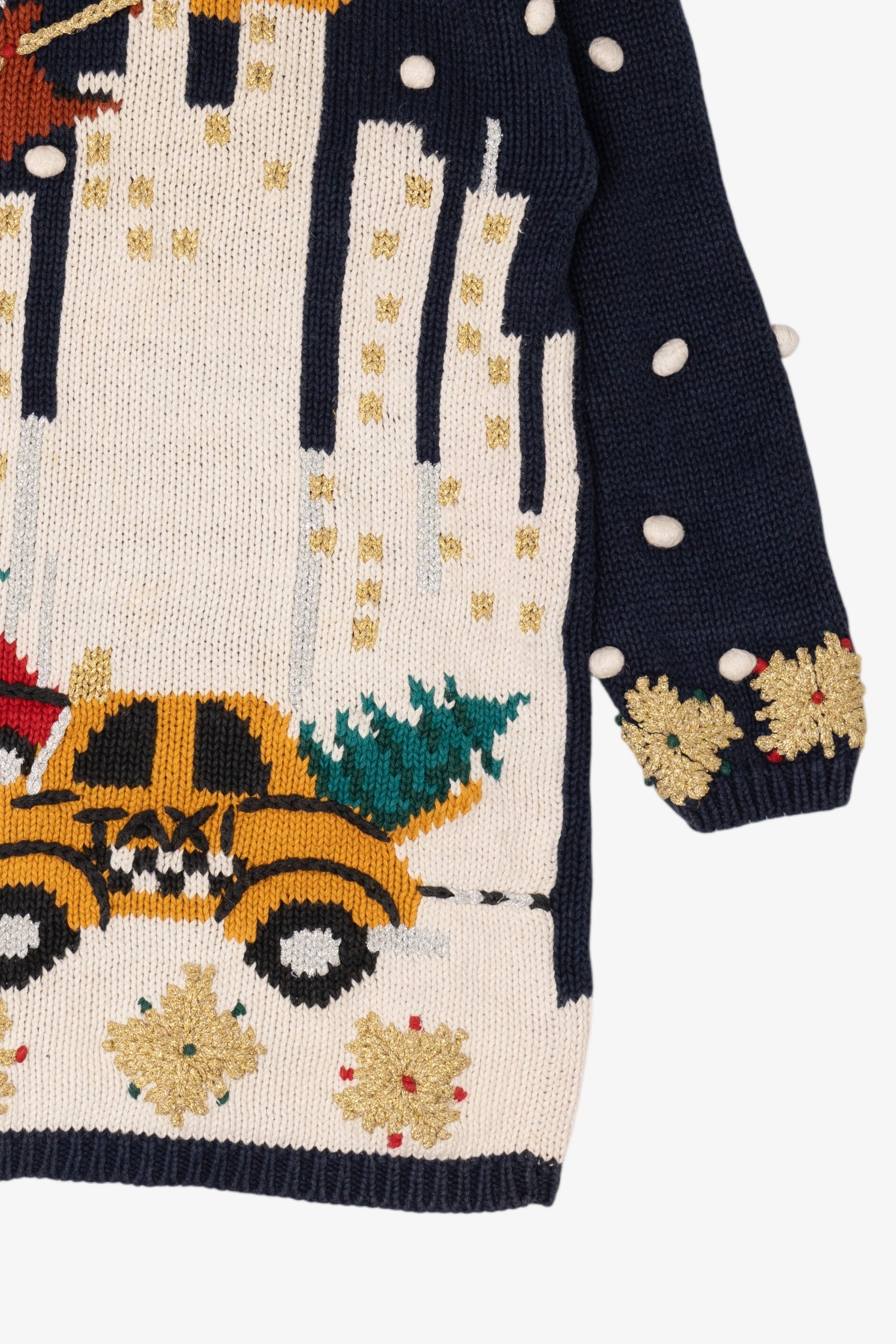 Vintage Navy Blue Cape Isle Knitters Santa In Sleigh Ugly Christmas Pullover (1990s)
