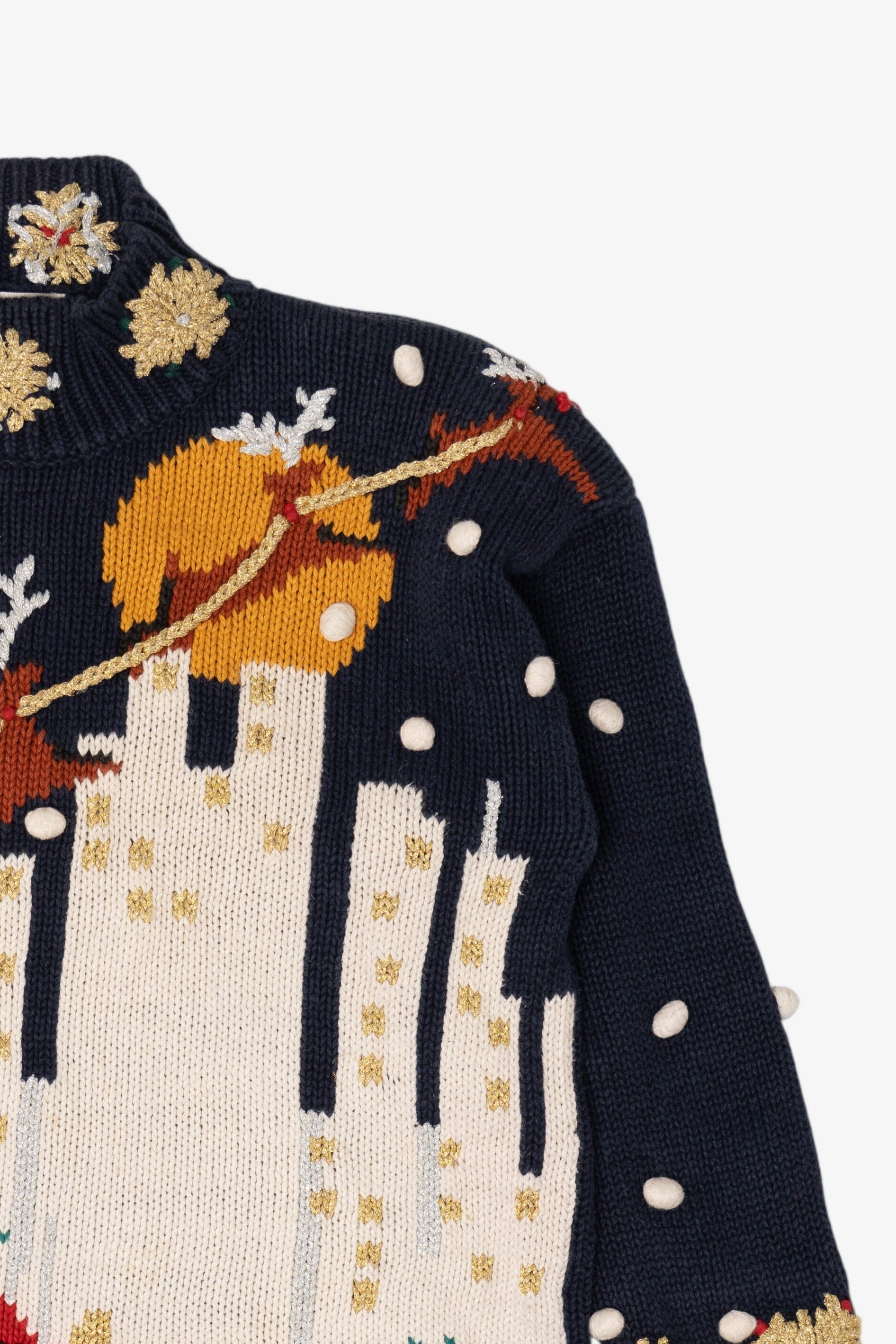 Vintage Navy Blue Cape Isle Knitters Santa In Sleigh Ugly Christmas Pullover (1990s)