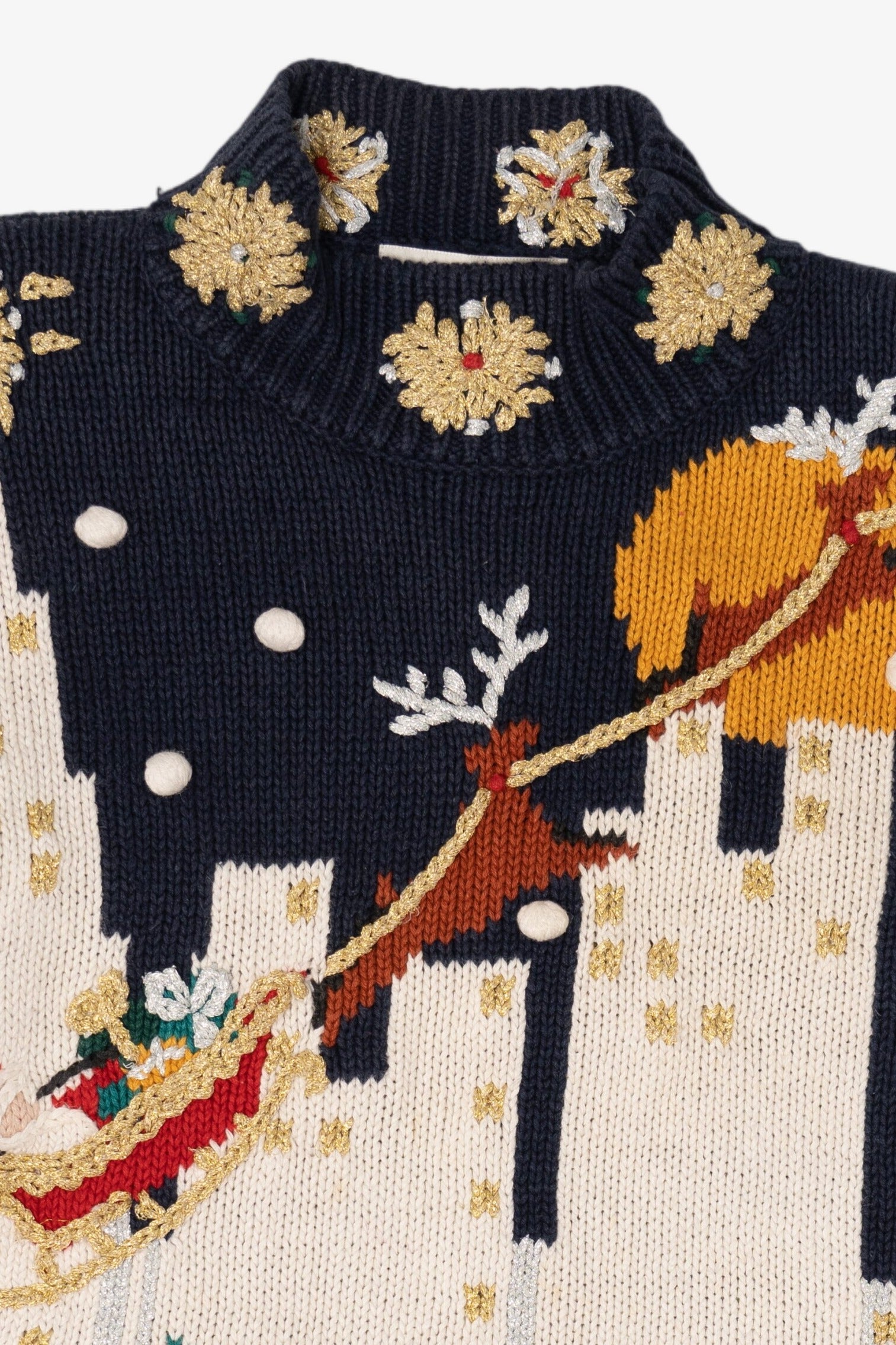 Vintage Navy Blue Cape Isle Knitters Santa In Sleigh Ugly Christmas Pullover (1990s)