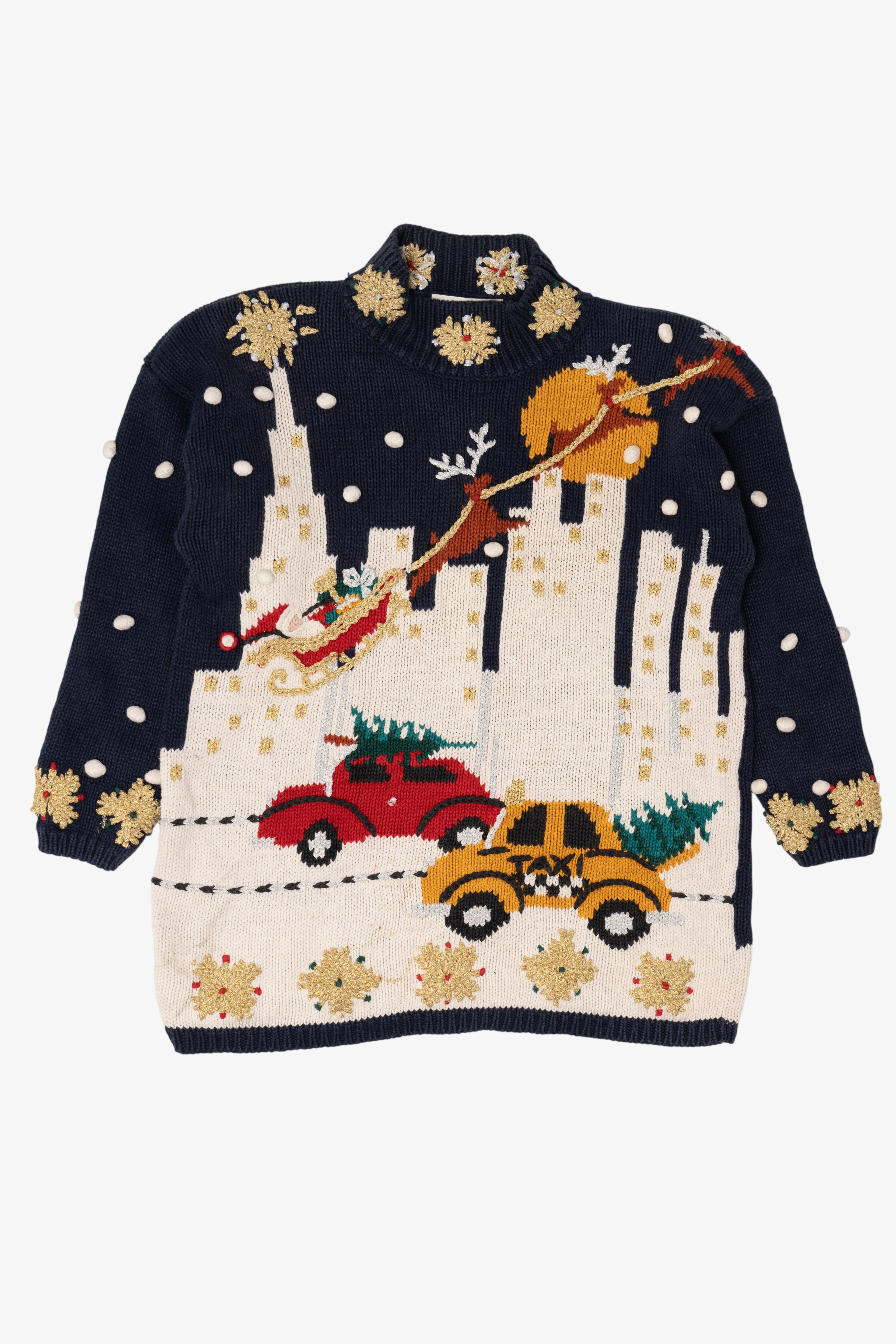 Vintage Navy Blue Cape Isle Knitters Santa In Sleigh Ugly Christmas Pullover (1990s)