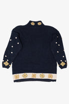 Vintage Navy Blue Cape Isle Knitters Santa In Sleigh Ugly Christmas Pullover (1990s)
