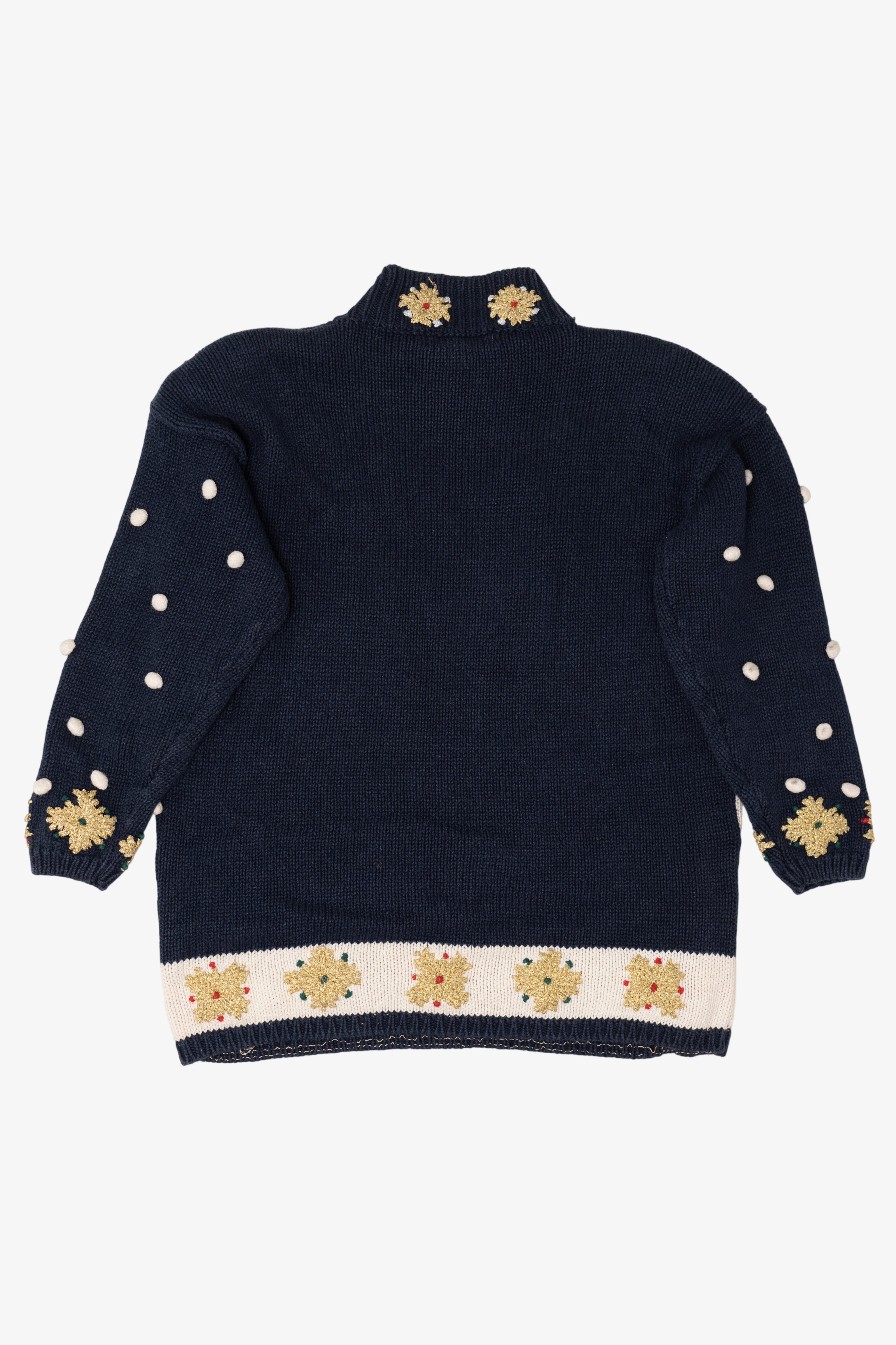 Vintage Navy Blue Cape Isle Knitters Santa In Sleigh Ugly Christmas Pullover (1990s)