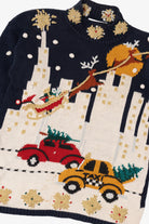 Vintage Navy Blue Cape Isle Knitters Santa In Sleigh Ugly Christmas Pullover (1990s)