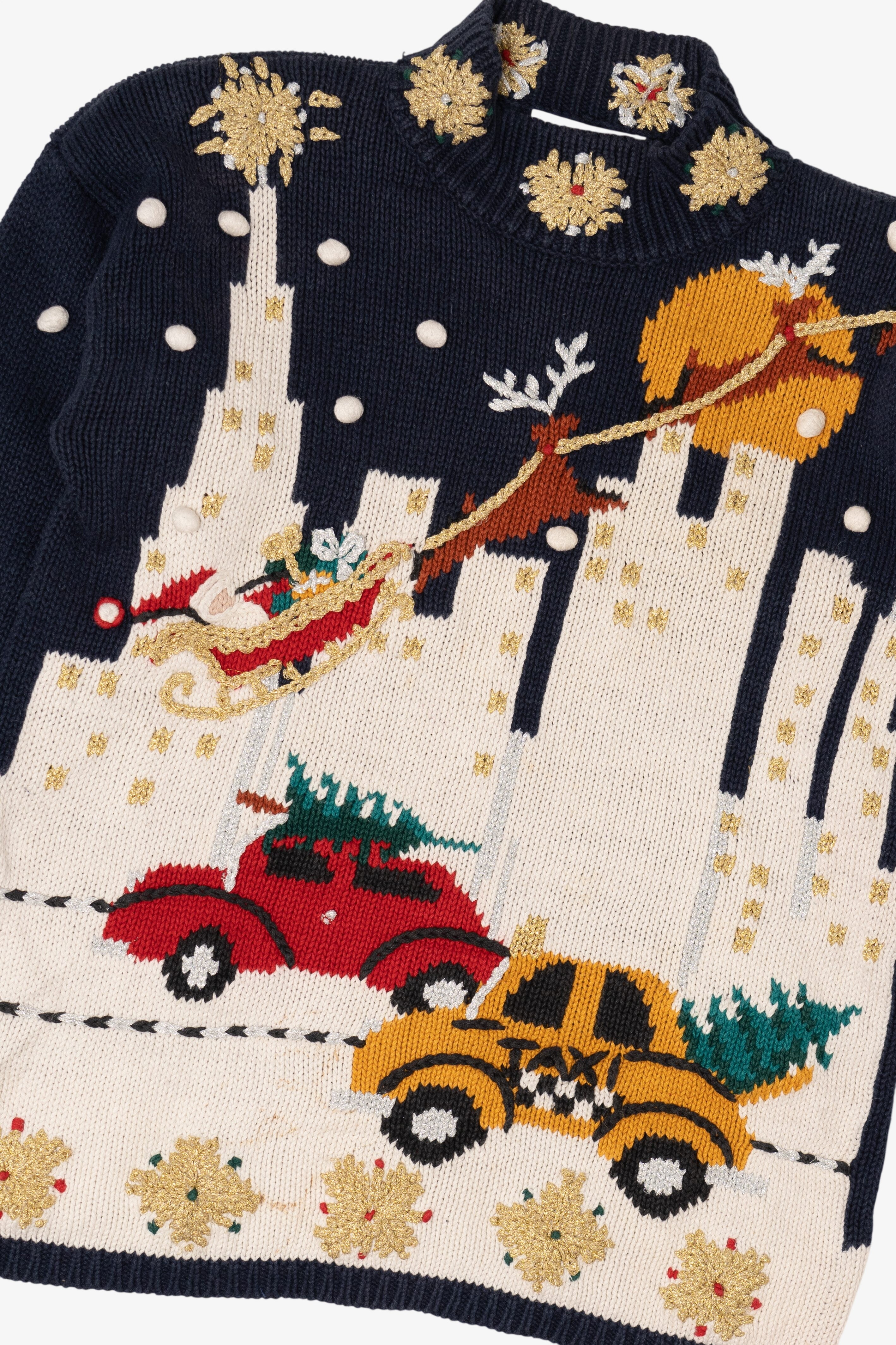 Vintage Navy Blue Cape Isle Knitters Santa In Sleigh Ugly Christmas Pullover (1990s)