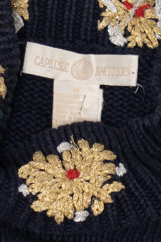 Vintage Navy Blue Cape Isle Knitters Santa In Sleigh Ugly Christmas Pullover (1990s)