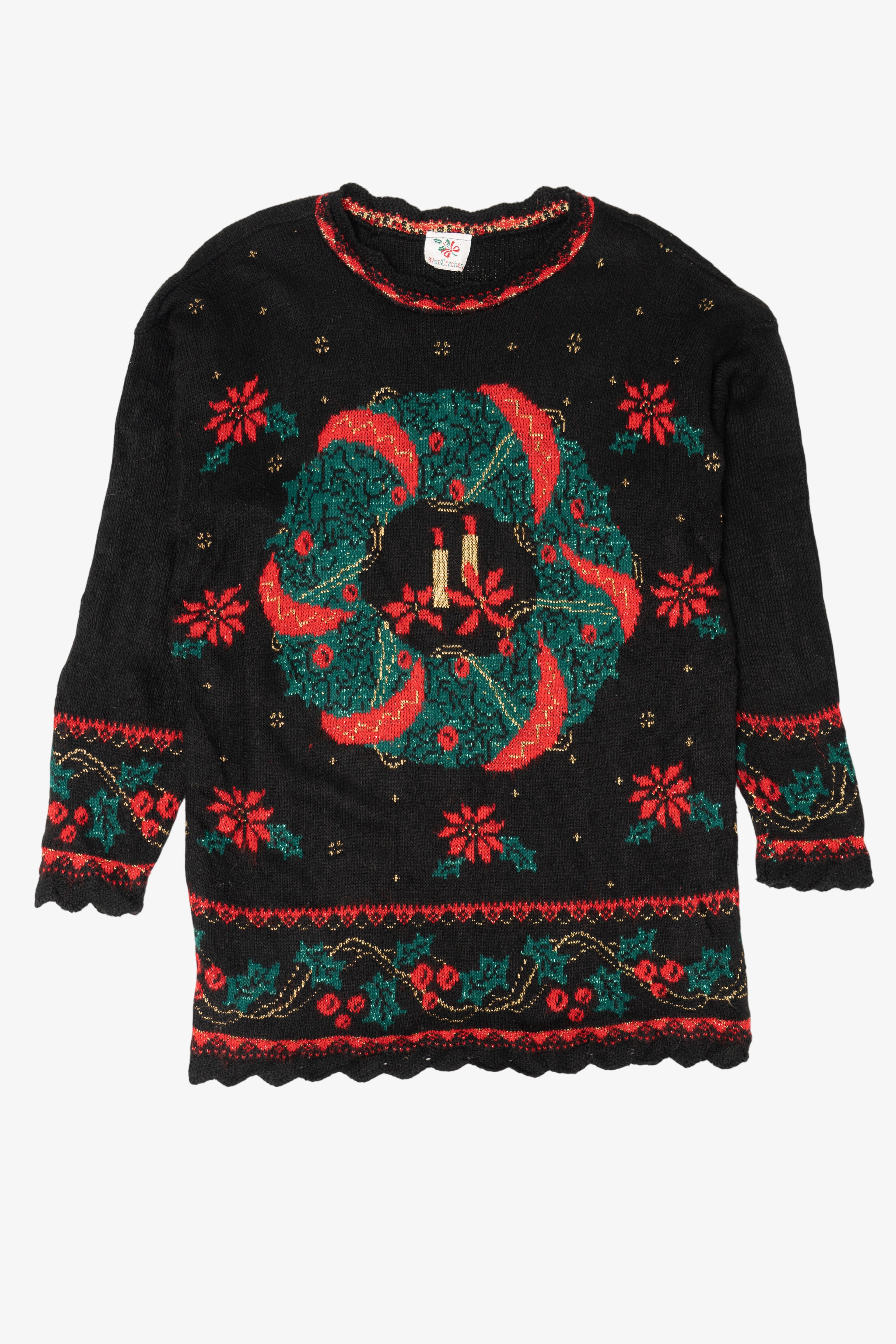 Vintage Black Nutcracker Wreaths Ugly Christmas Pullover (1980s)