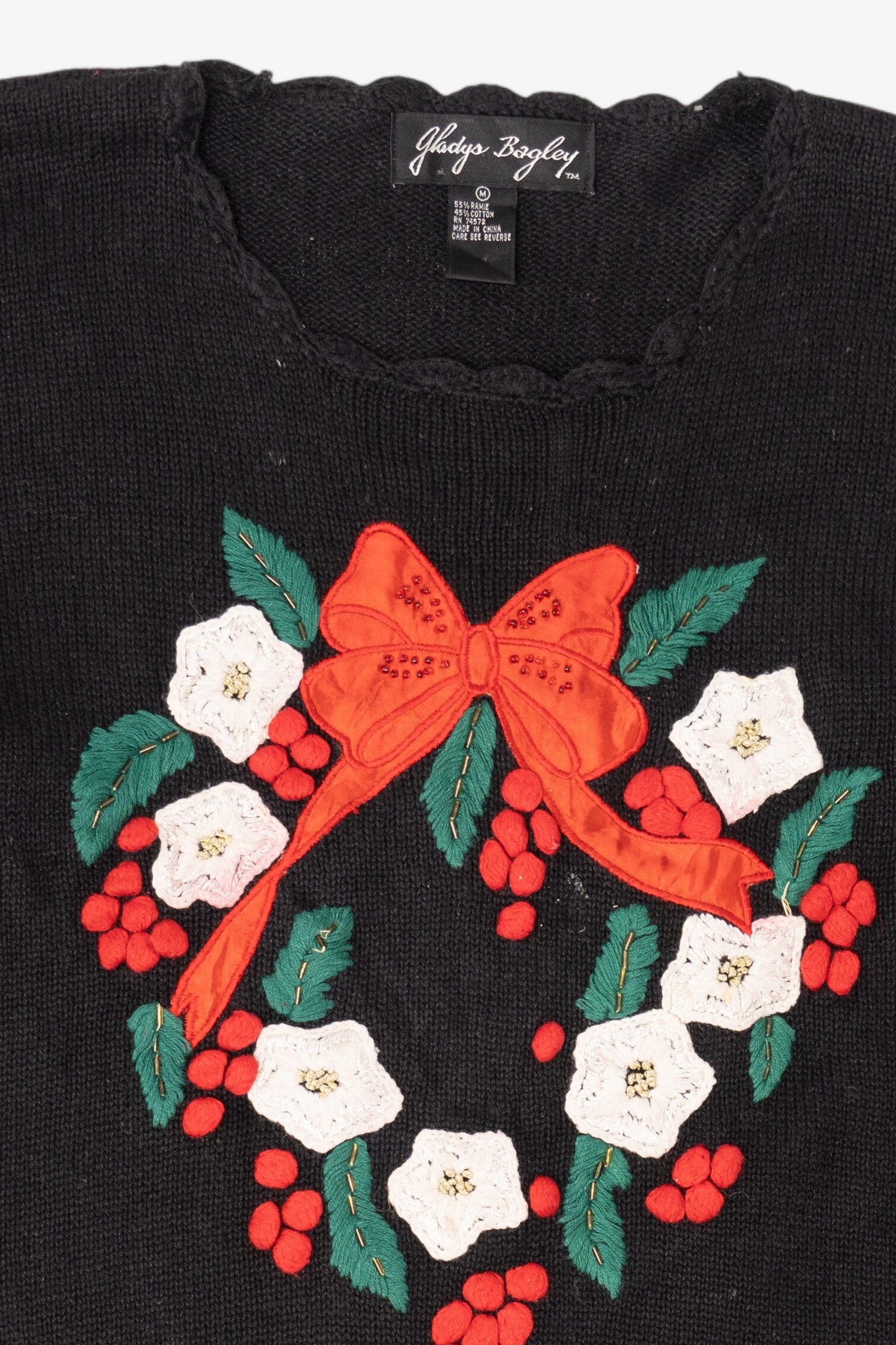 Vintage Black Gladys Bagley Wreath Ugly Christmas Pullover (1990s)