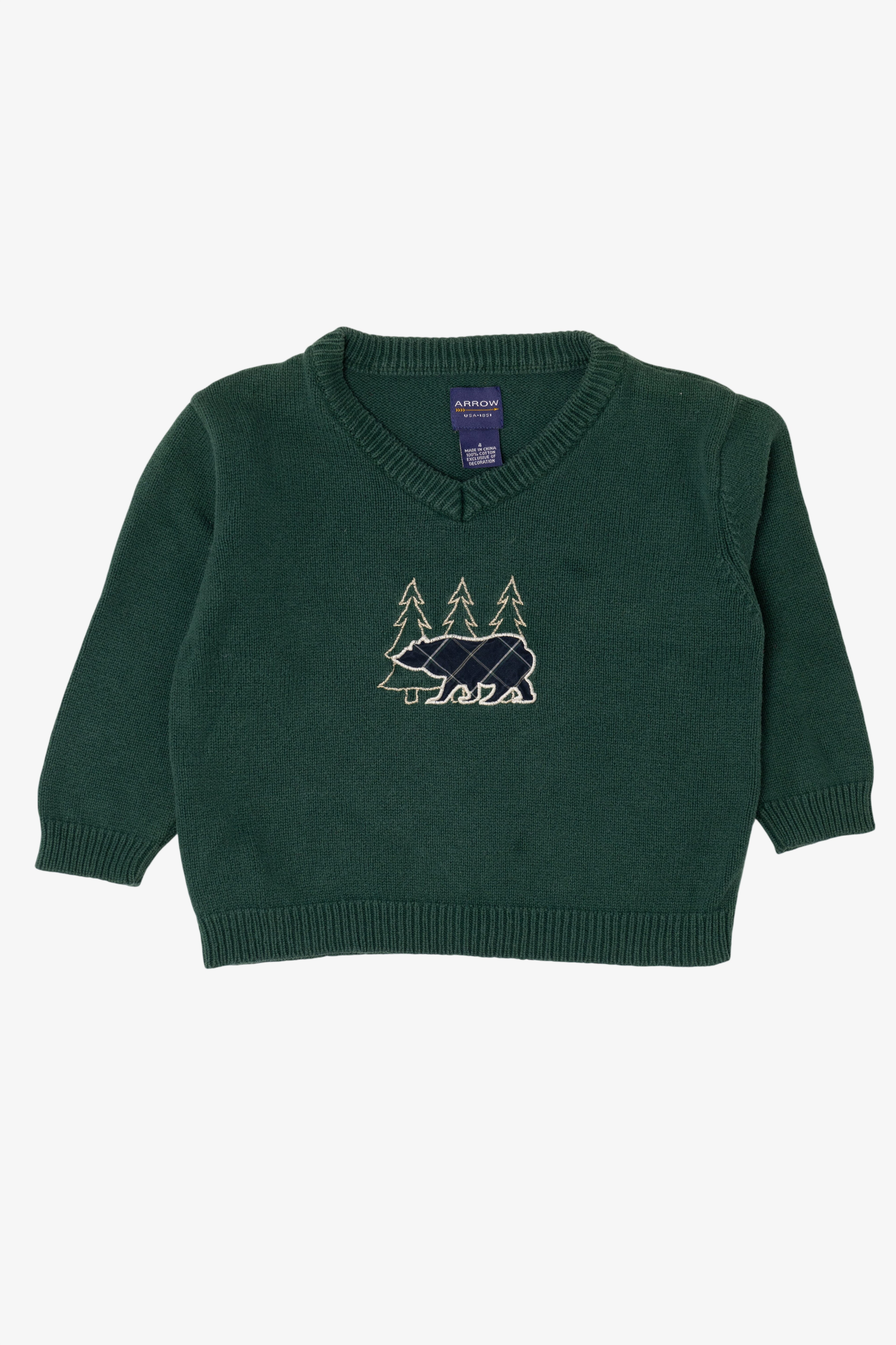 Vintage Kids Dark Green Arrow Bear Ugly Christmas Pullover (1990s)