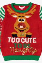 Red "Too Cute To Be Naughty" Reindeer Ugly Christmas Pullover (2010s)