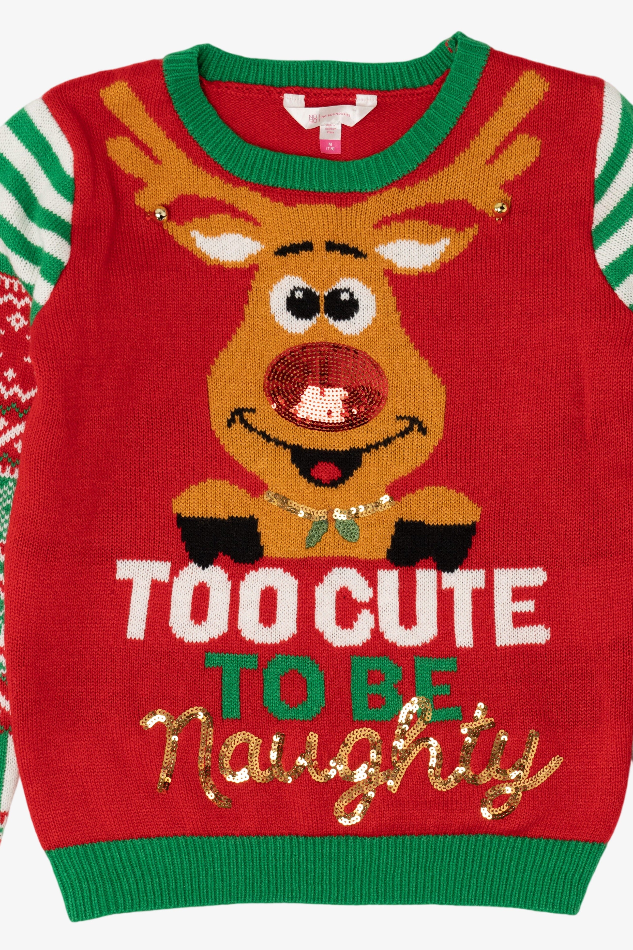 Red "Too Cute To Be Naughty" Reindeer Ugly Christmas Pullover (2010s)