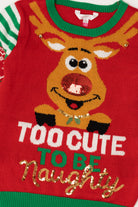 Red "Too Cute To Be Naughty" Reindeer Ugly Christmas Pullover (2010s)