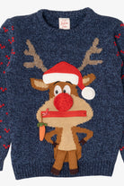 Kids Navy Blue Reindeer With Carrot Ugly Christmas Pullover (2010s)